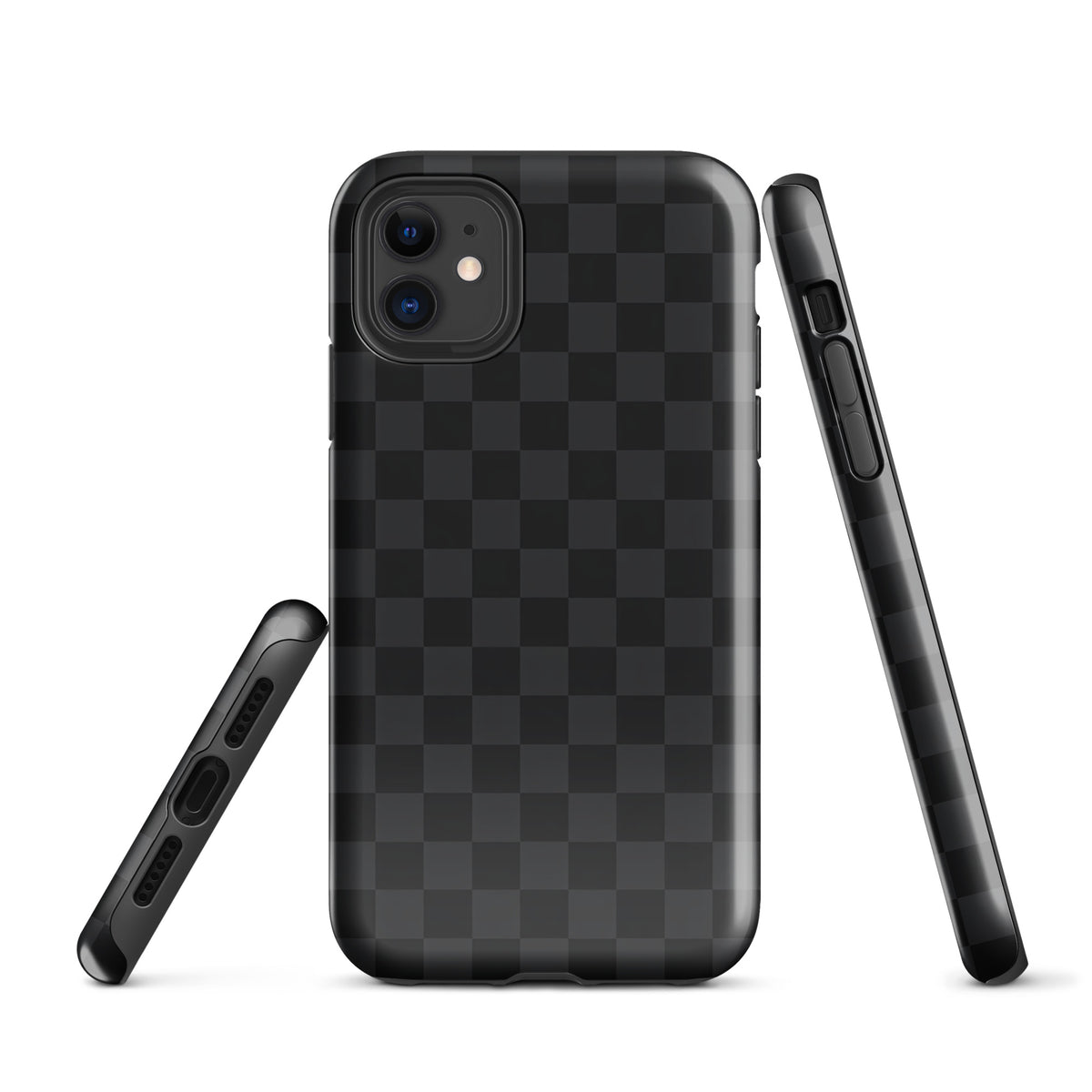 Phone Case for iPhone with black and charcoal checkered design, modern minimalistic style, showcasing sleek protection and style.