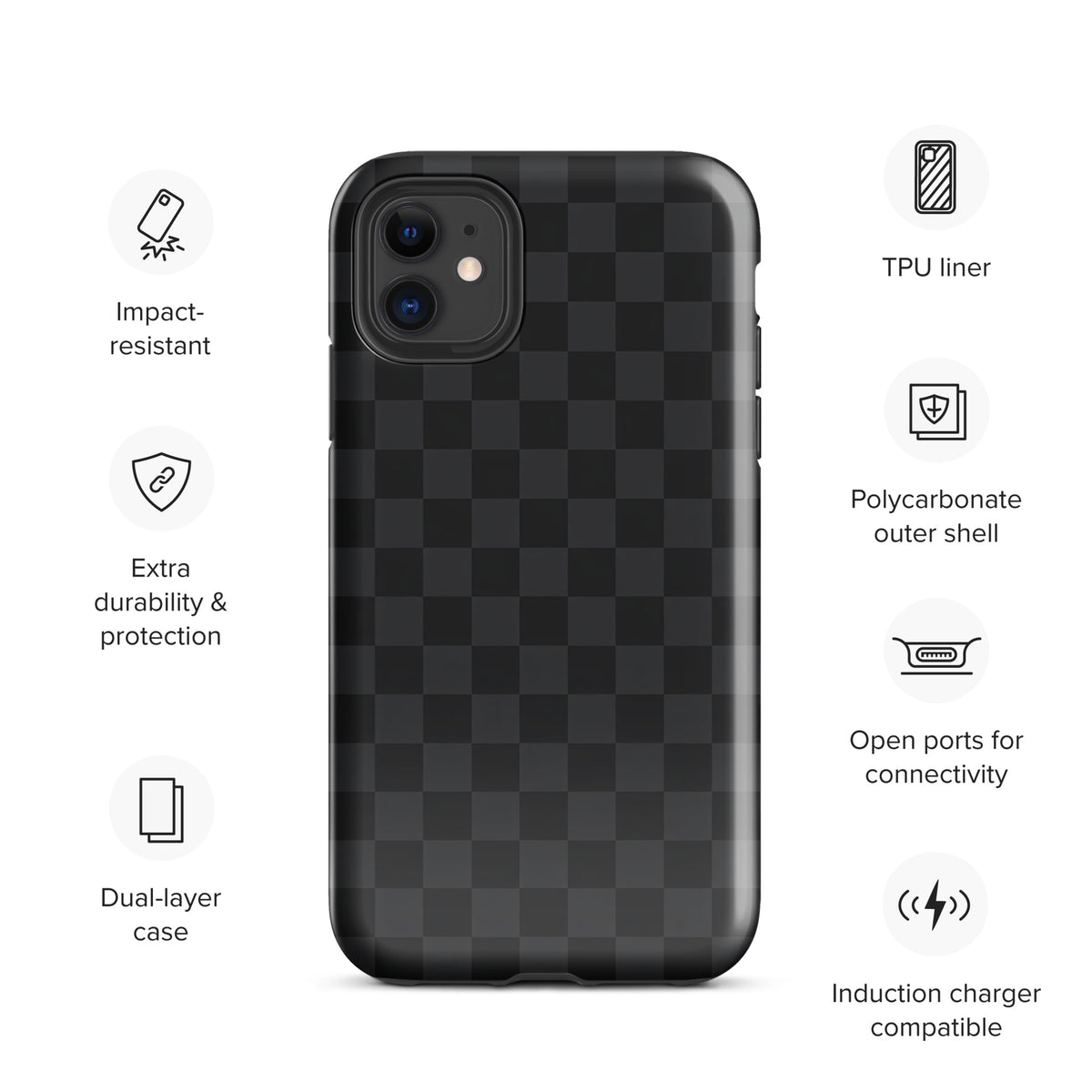 Phone Case for iPhone with black and charcoal checkered design, impact-resistant dual-layer protection, and open ports.