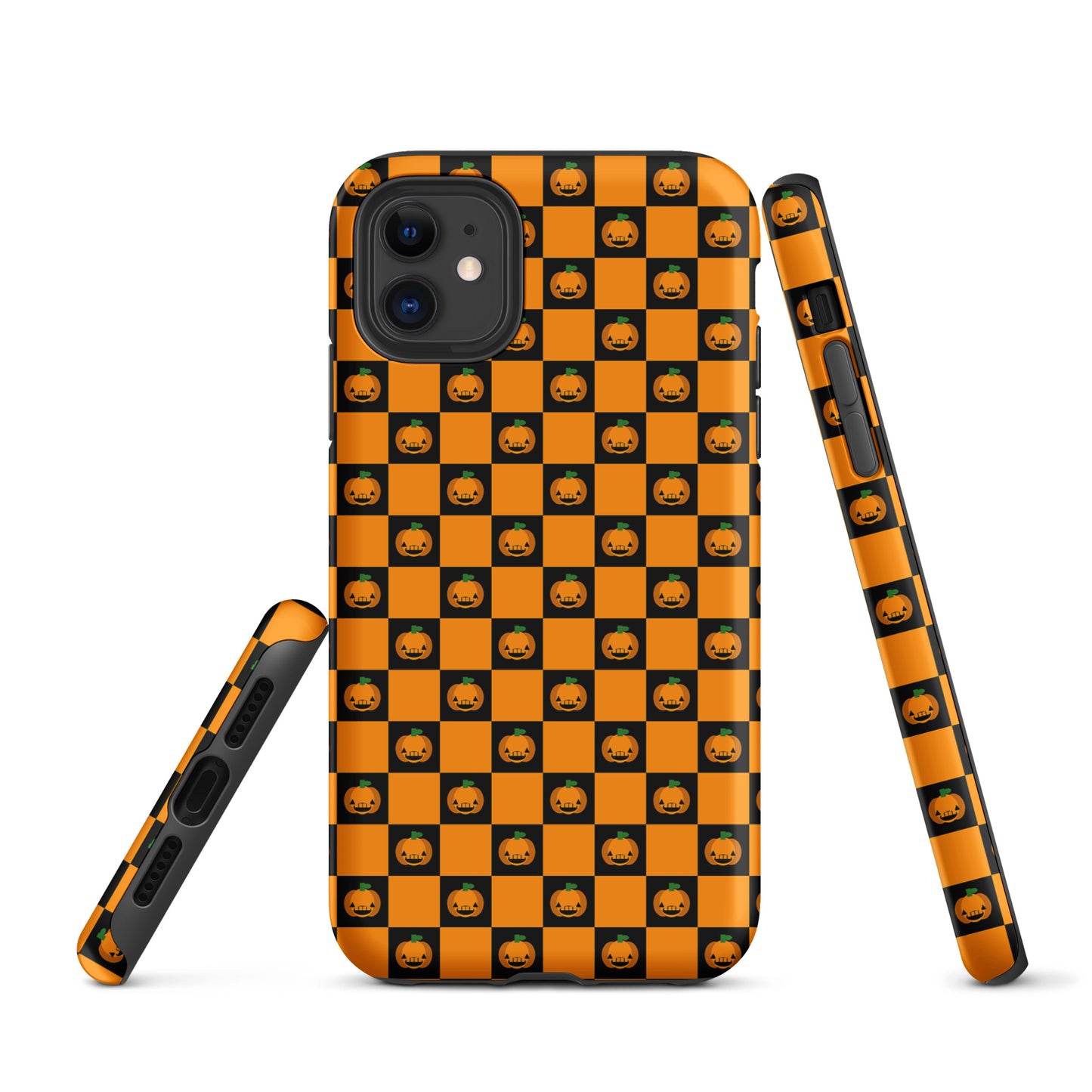 Phone Case with playful pumpkin checkered Halloween design for iPhone, featuring orange and black squares and jack-o-lanterns.