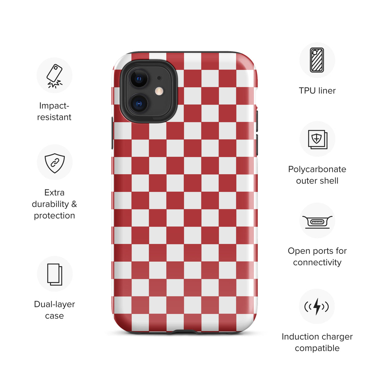 Phone Case for iPhone in crimson red checkered design, featuring impact resistance, TPU liner, and dual-layer protection.