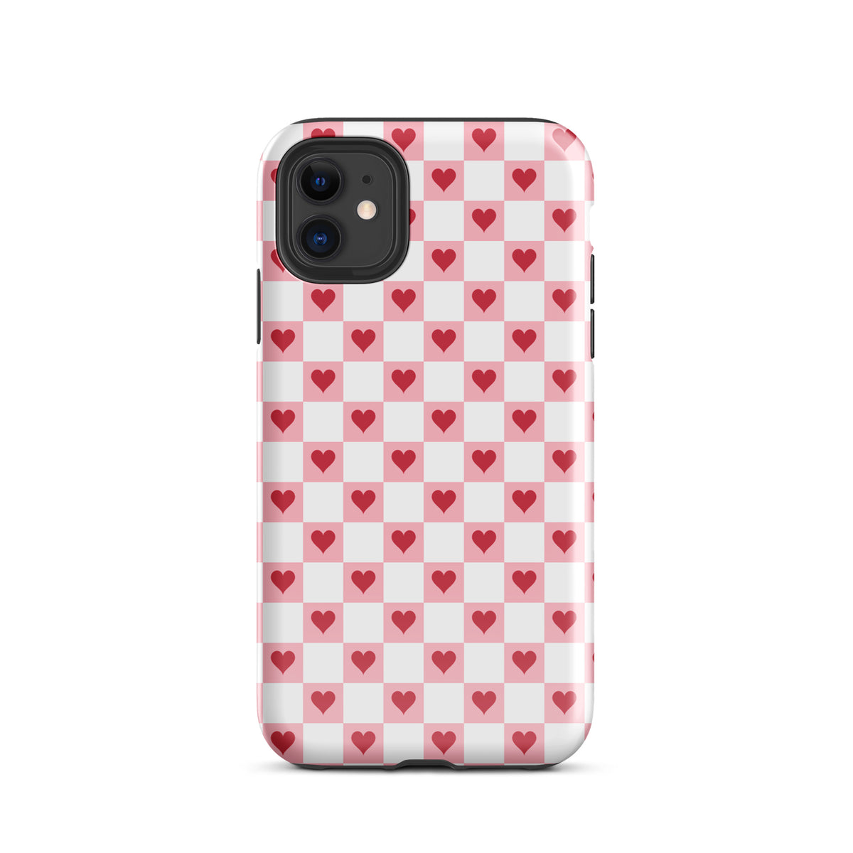 Phone Case for iPhone with pink-and-white checkered pattern and red hearts design