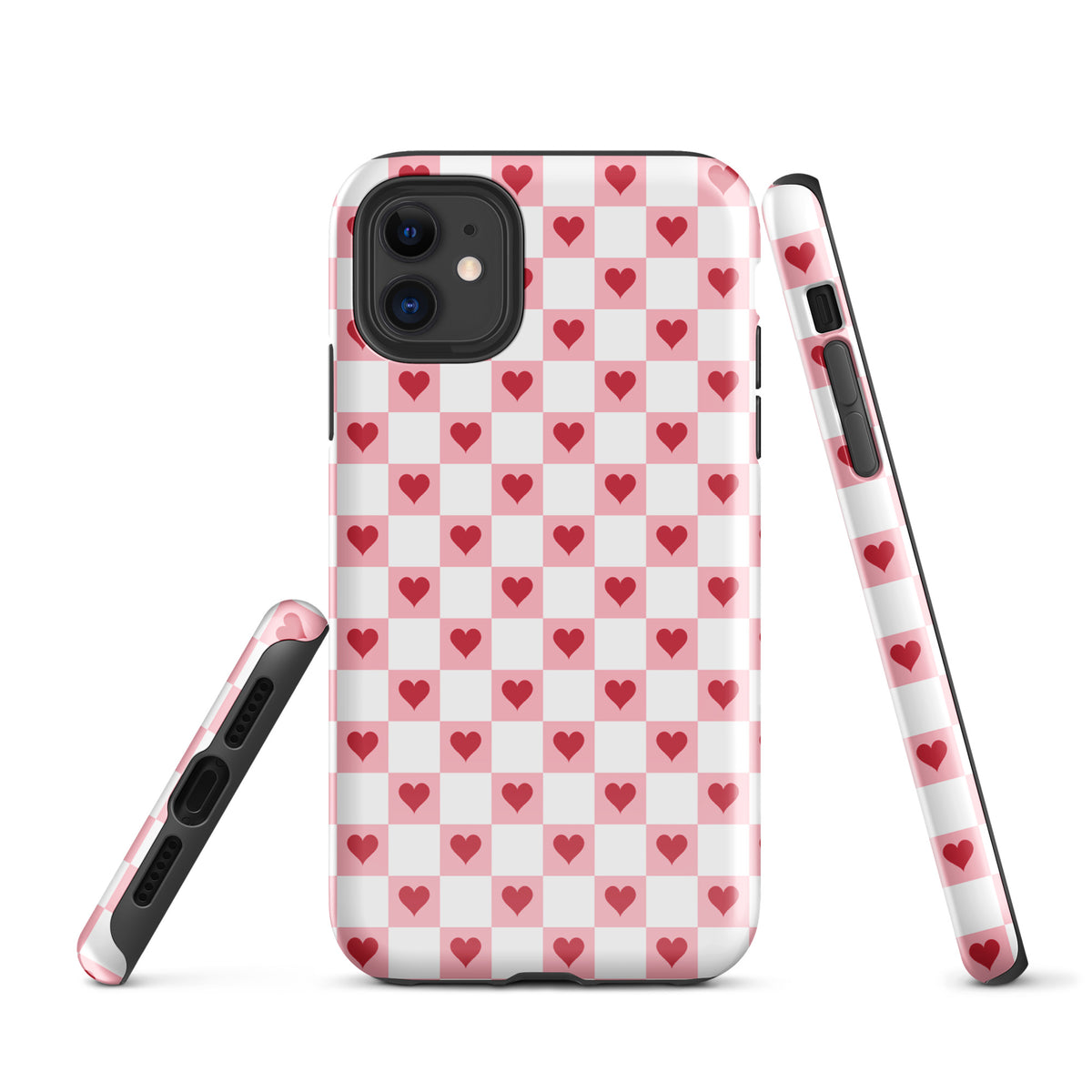 Phone Case for iPhone with pink-and-white checkered design featuring red hearts