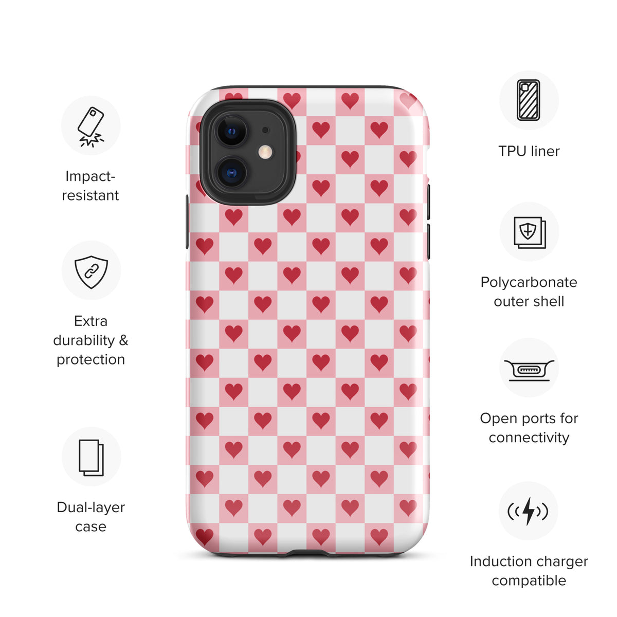 Phone Case for iPhone - Pink-and-White with Red Hearts Checkered Design, featuring durable polycarbonate shell and TPU liner.