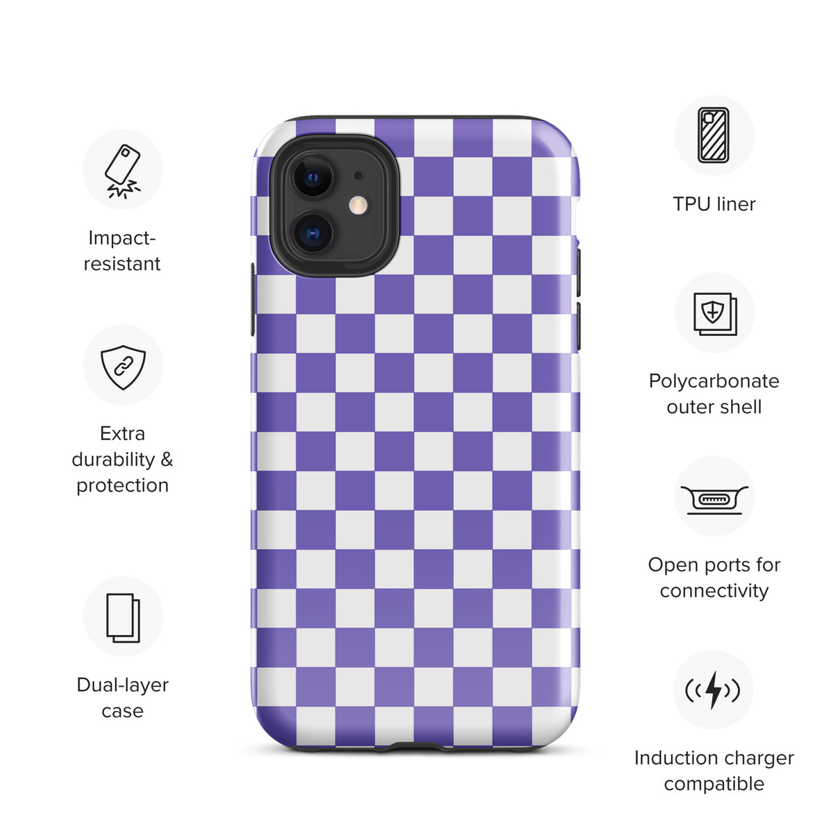 Purple and white checkered phone case for iPhone, stylish and impact-resistant with extra durability and seamless connectivity.