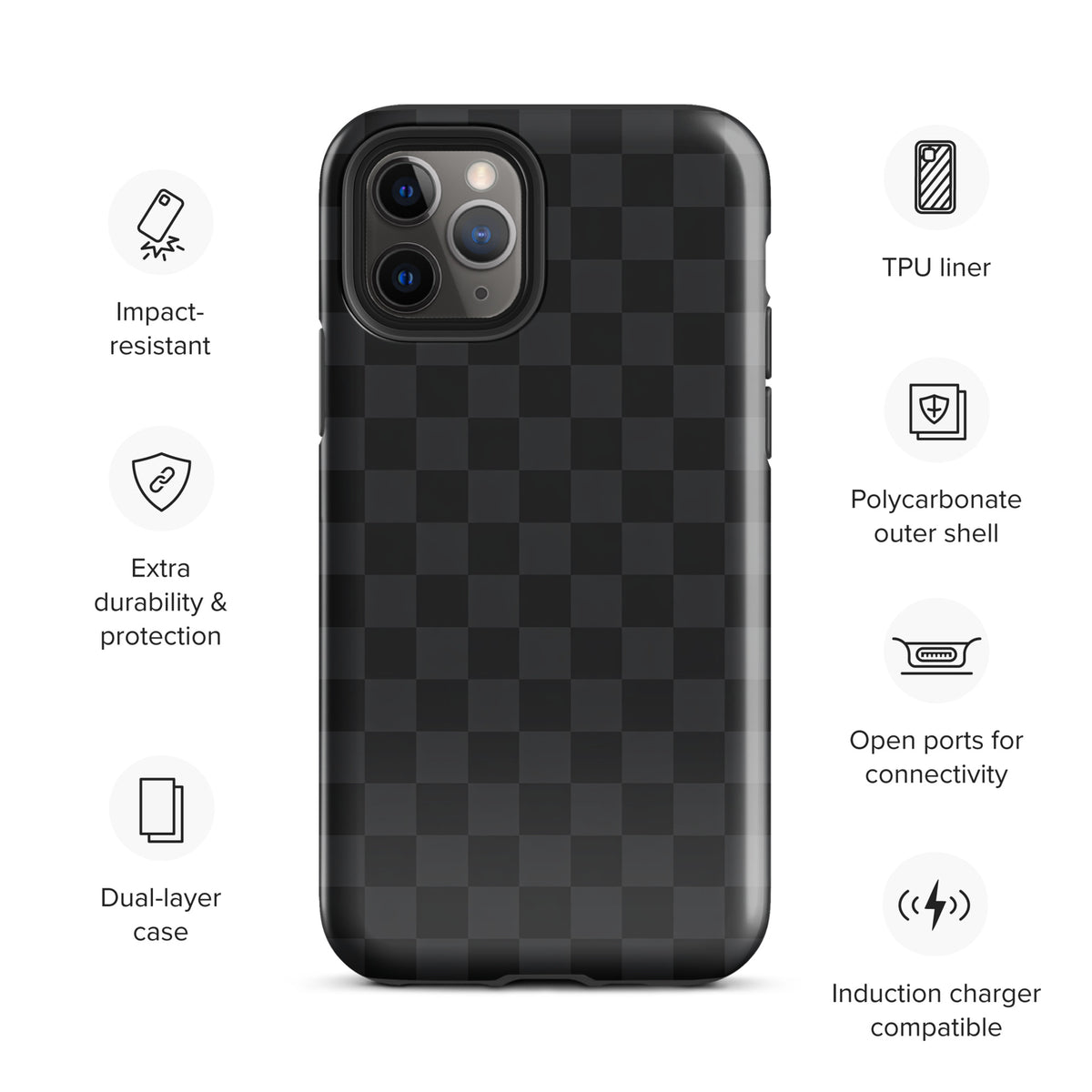 Phone Case: Black and Charcoal Checkered design featuring impact-resistant features and induction charger compatibility for iPhone.