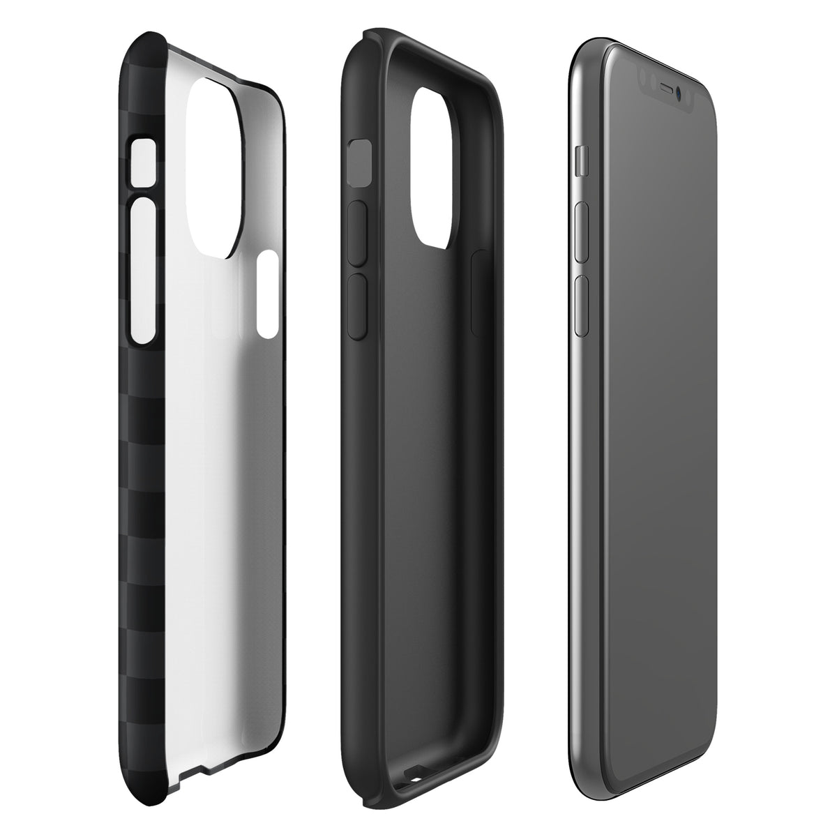 Phone Case for iPhone with black & charcoal checkered design, showcasing minimalist style and protection for modern devices.