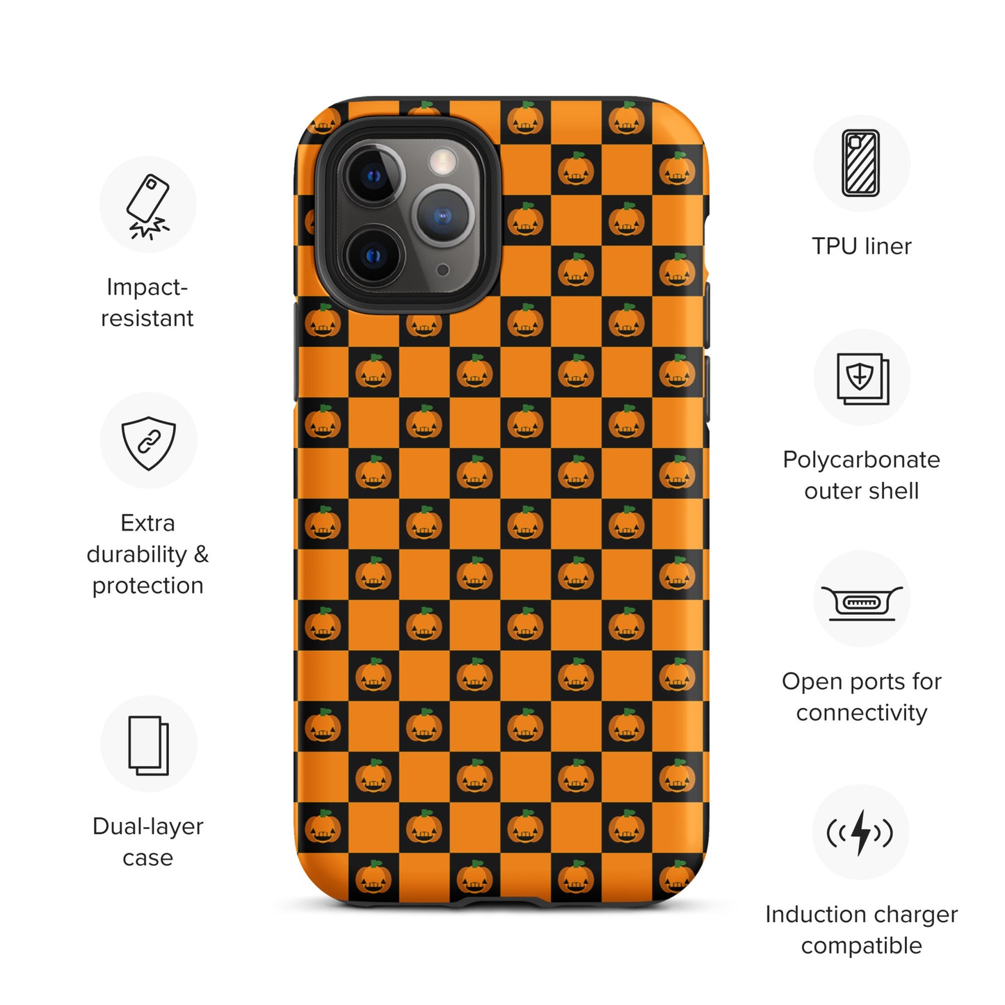 Phone Case for iPhone - Playful Pumpkin Checkered Halloween Design with jack-o’-lanterns, impact-resistant dual-layer case features.