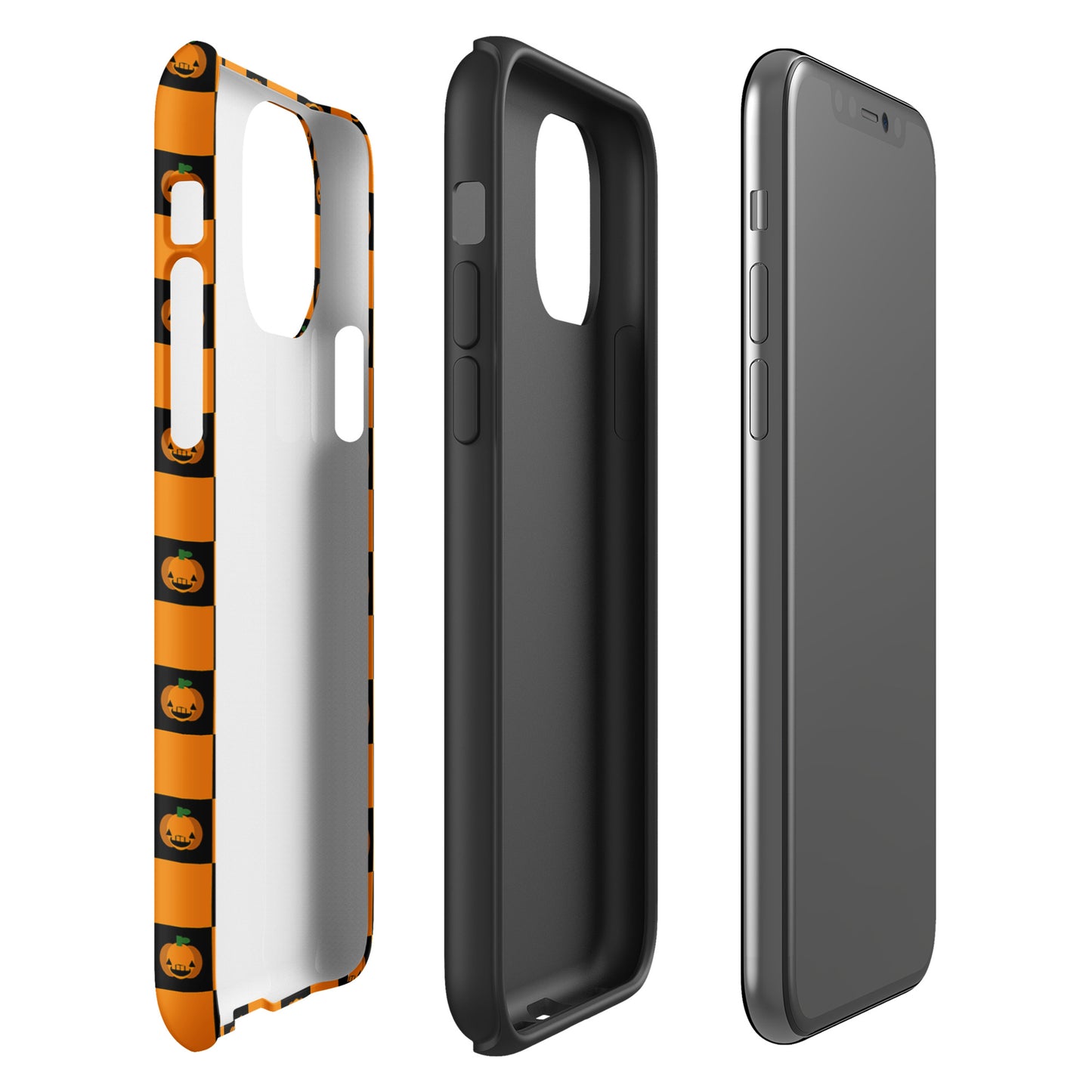 Phone Case for iPhone with playful pumpkin checkered Halloween design, featuring black and orange squares with jack-o’-lanterns.