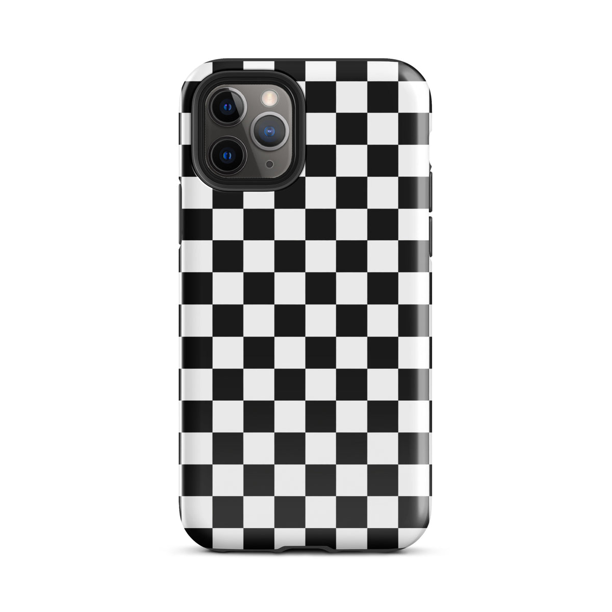 Phone Case for iPhone with bold checkered pattern, black and white tough design, adds playful racing style to your device.