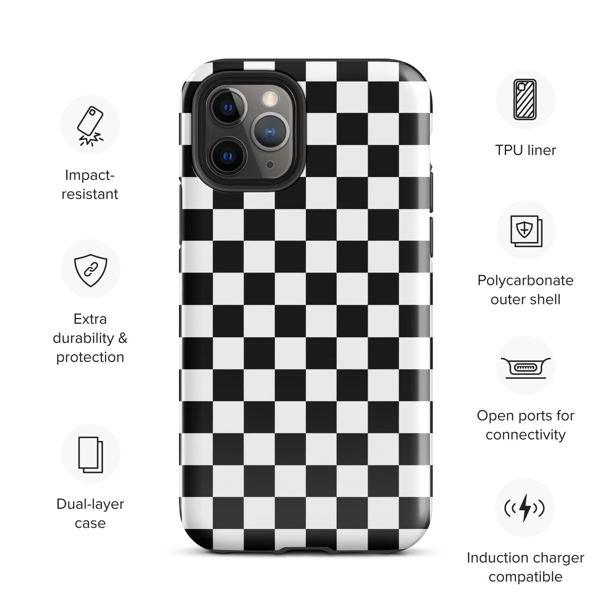Bold checkered Phone Case for iPhone with impact-resistant, dual-layer design, polycarbonate shell, and TPU liner.