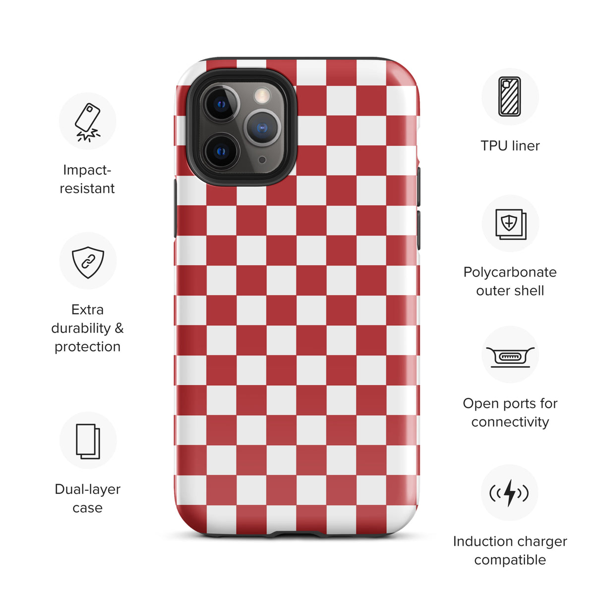 Phone Case with crimson red checkered design for iPhone, featuring impact resistance and dual-layer protection.