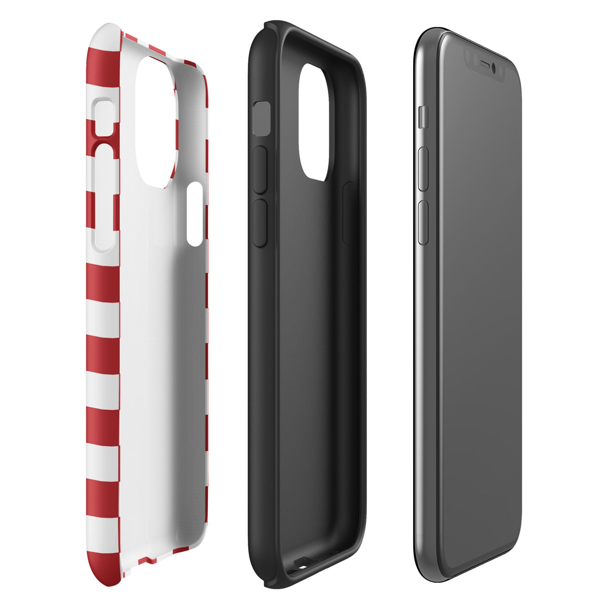 Phone Case for iPhone with crimson red checkered design, offering a bold and playful look, shown with phone and inner lining.