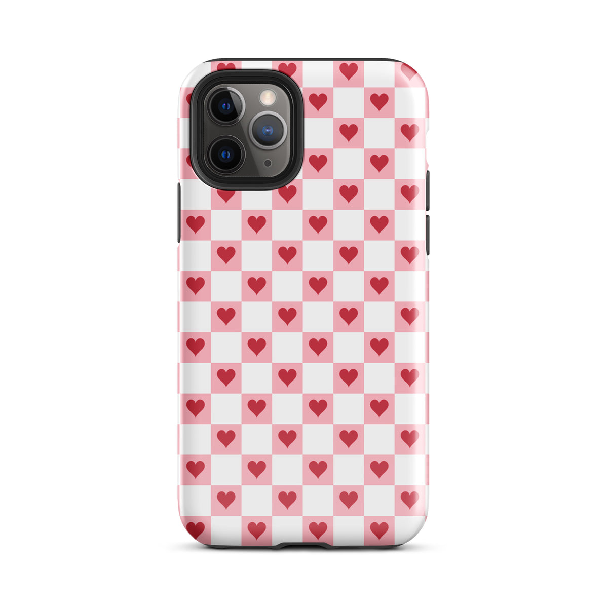 Phone Case for iPhone with pink-and-white checkered design and red heart pattern, a charming accessory for everyday use.