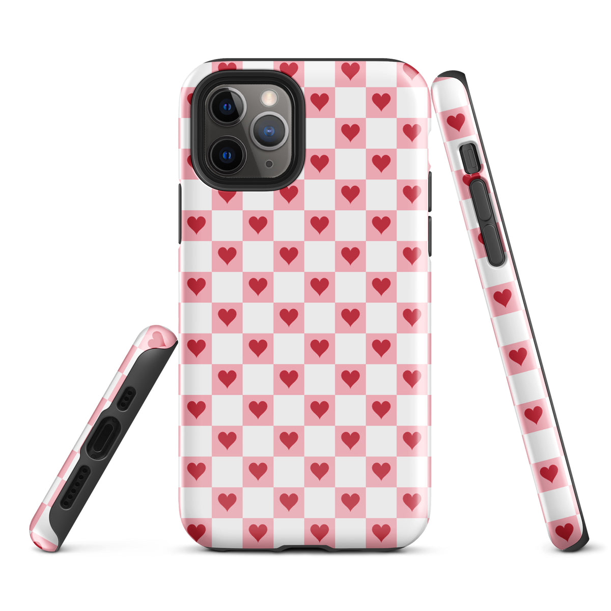 Phone Case for iPhone with pink-and-white checkered design featuring red hearts