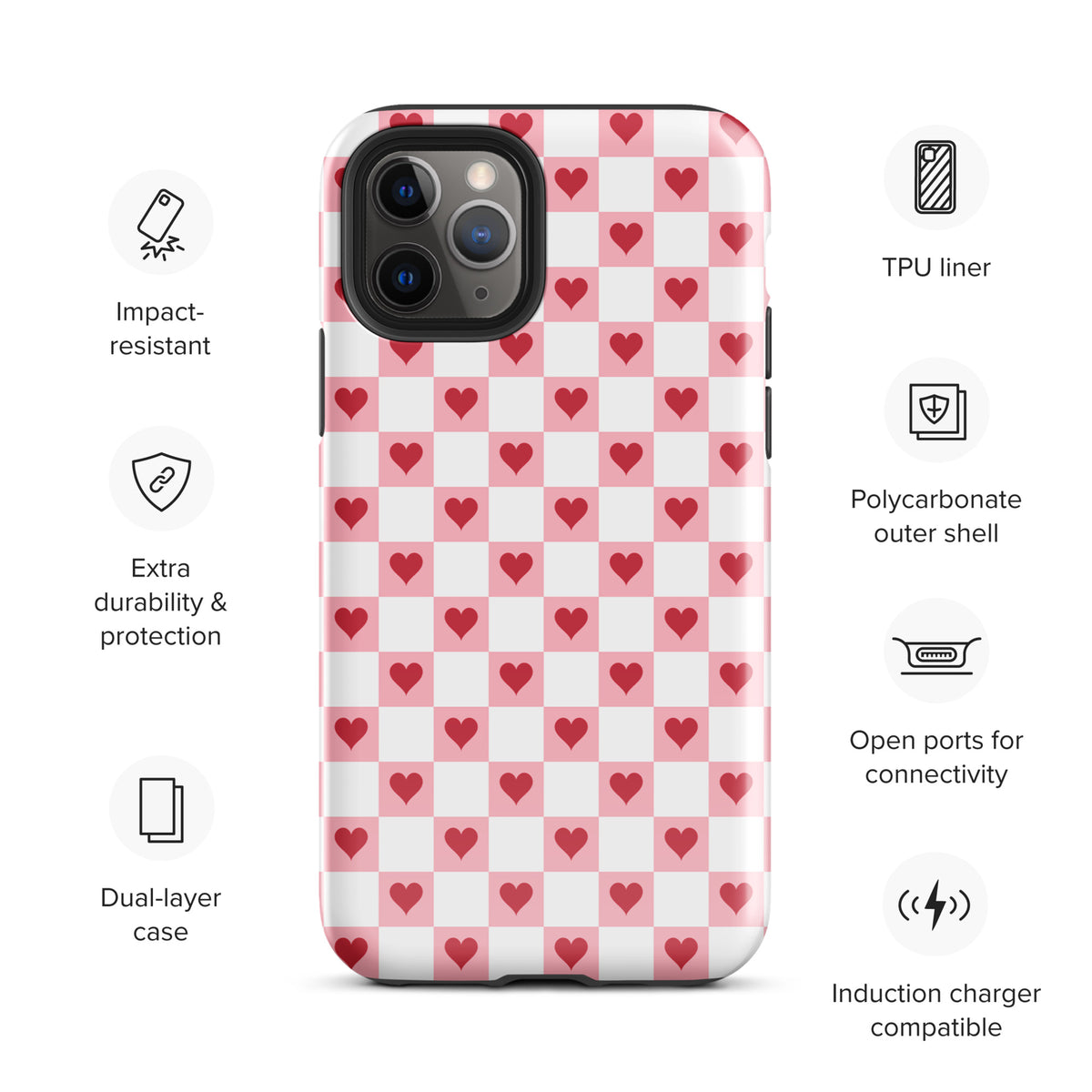 Phone Case for iPhone with pink-and-white and red hearts checkered design, showcasing features like durability and charger compatibility.
