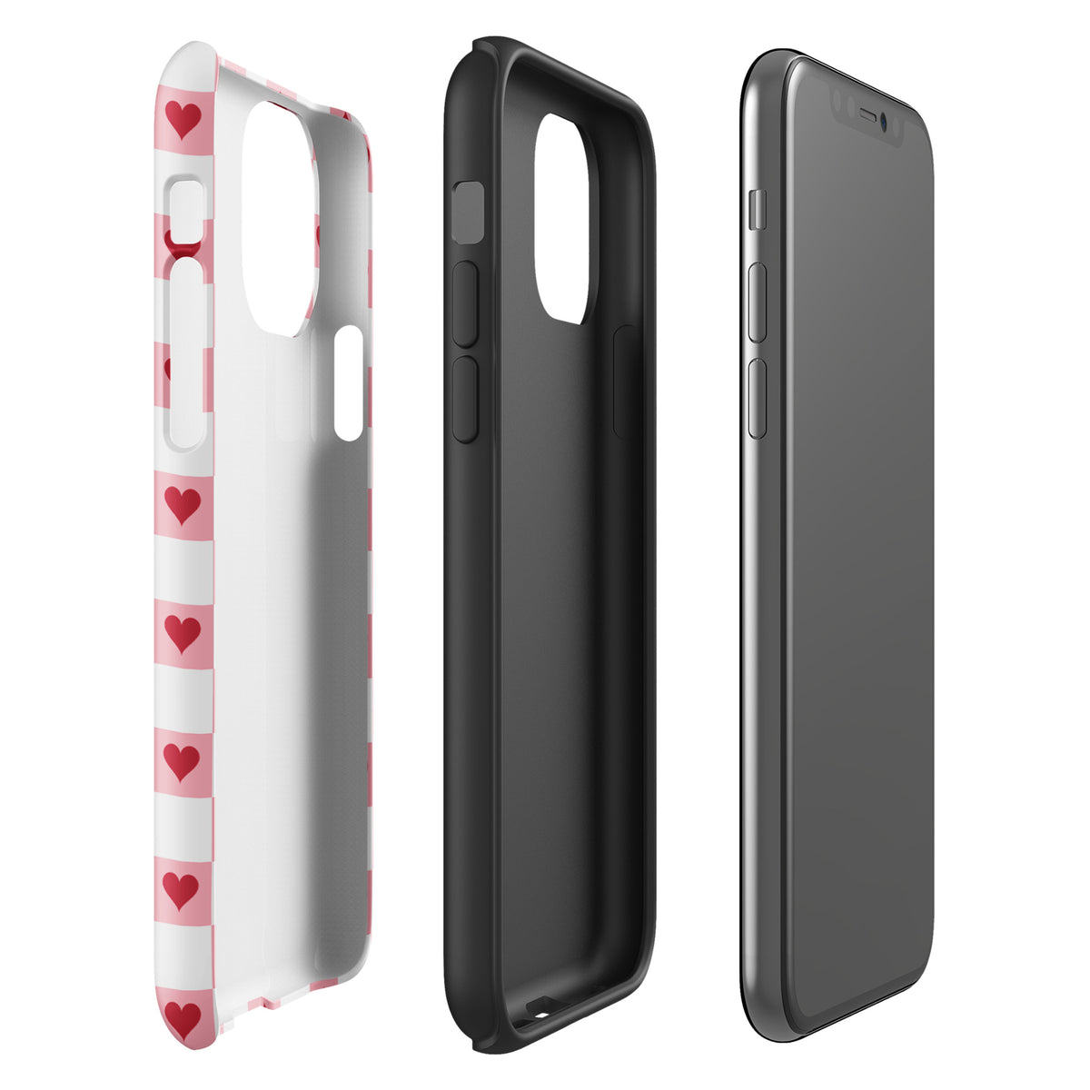 Phone Case for iPhone with pink-and-white checkered design featuring red hearts, showcasing modern and playful style.