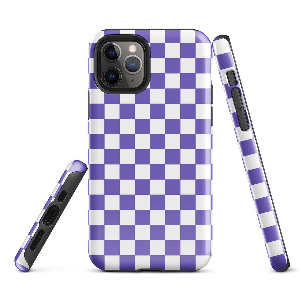 Phone Case for iPhone with purple and white checkered pattern, stylish design, adds personality and playful vibe to your device.