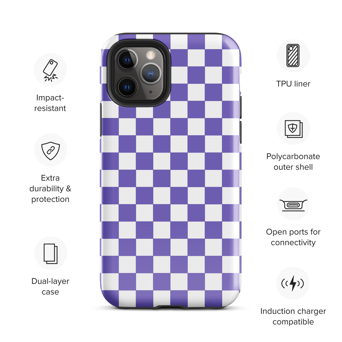 Phone Case for iPhone with purple and white checkered design, impact-resistant and induction charger compatible.