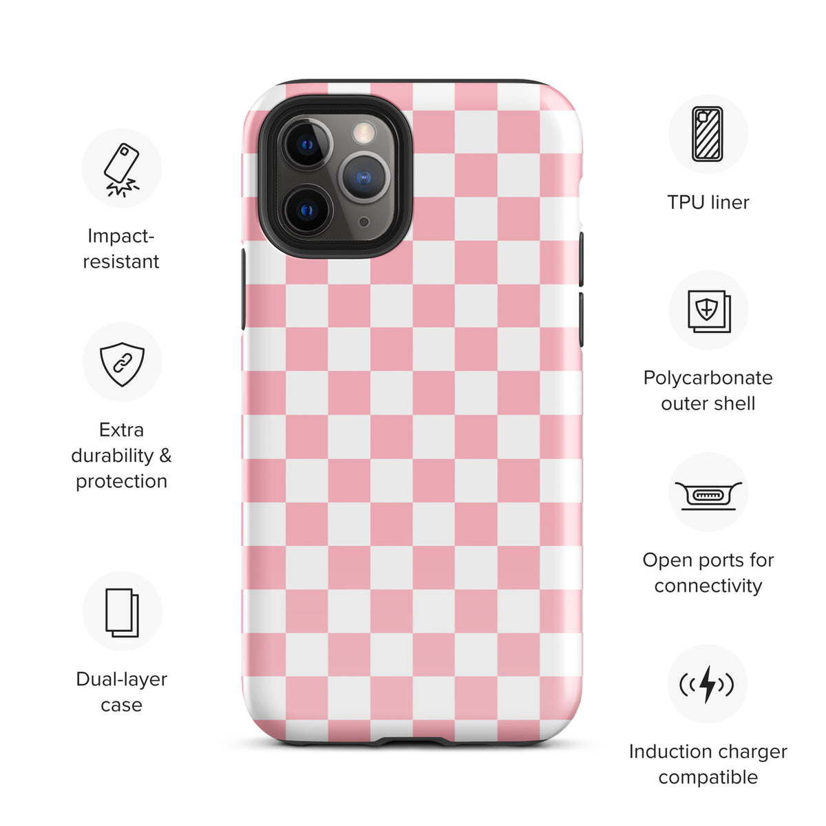 Phone Case for iPhone with pink and white checkered pattern, featuring impact resistance, TPU liner, polycarbonate shell, and wireless charging compatibility.