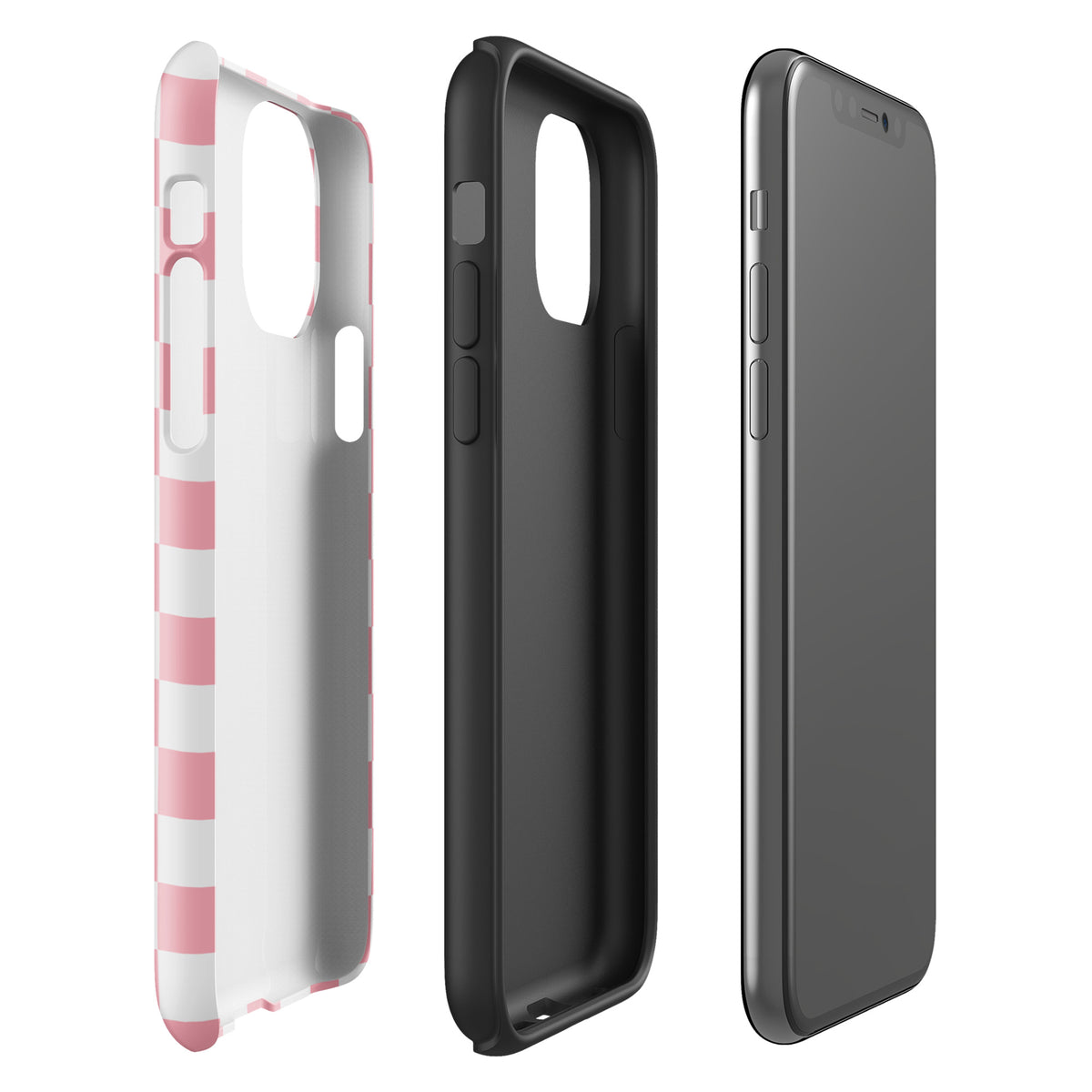 Phone Case for iPhone with playful pink and white checkered design shown from different angles.