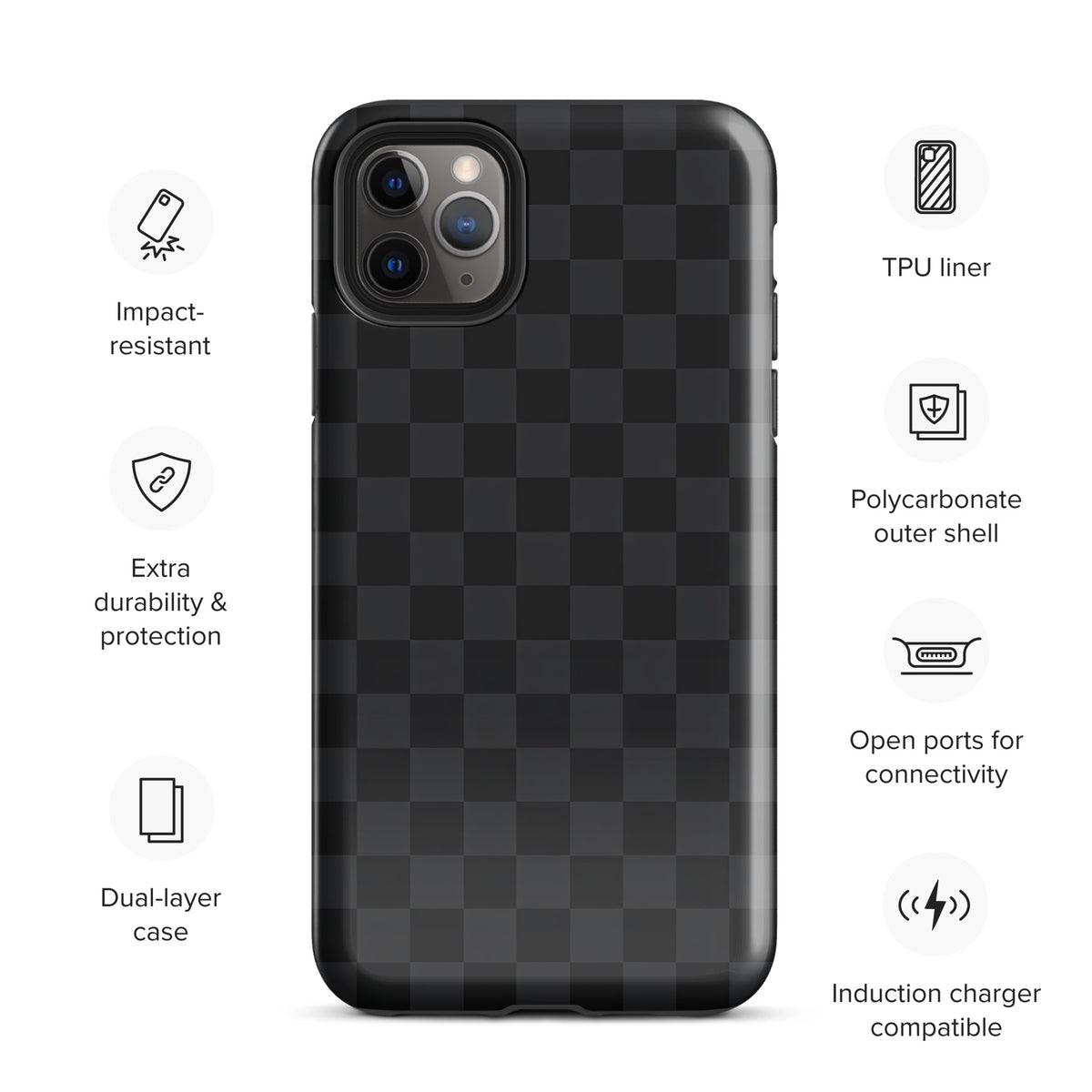 Phone Case for iPhone with black and charcoal checkered design, featuring impact resistance and dual-layer protection for modern minimalists.