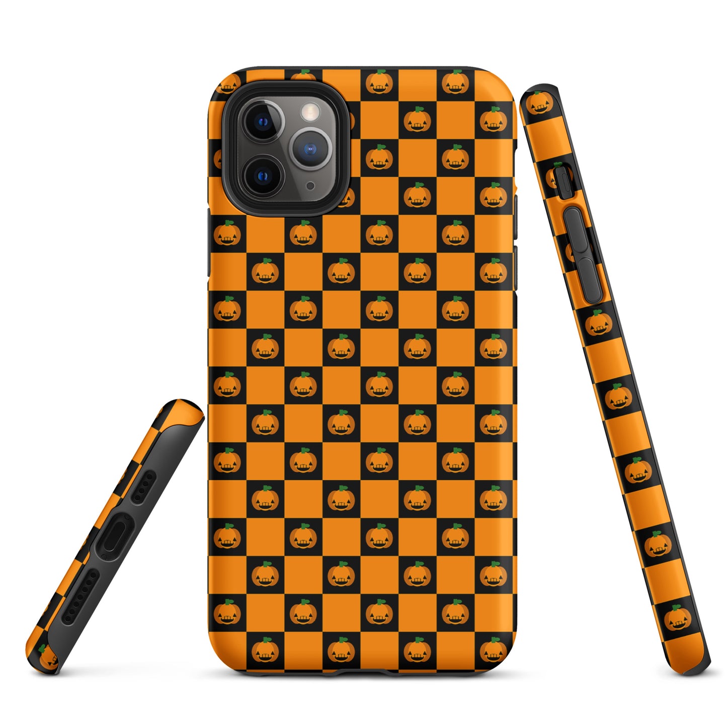 Phone Case with playful pumpkin checkered Halloween design for iPhone featuring orange and black jack-o'-lantern pattern.