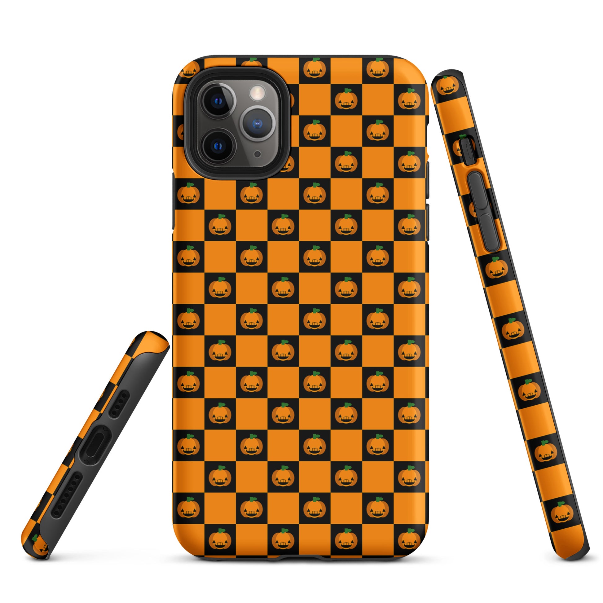 Phone Case with playful pumpkin checkered Halloween design for iPhone featuring orange and black jack-o'-lantern pattern.