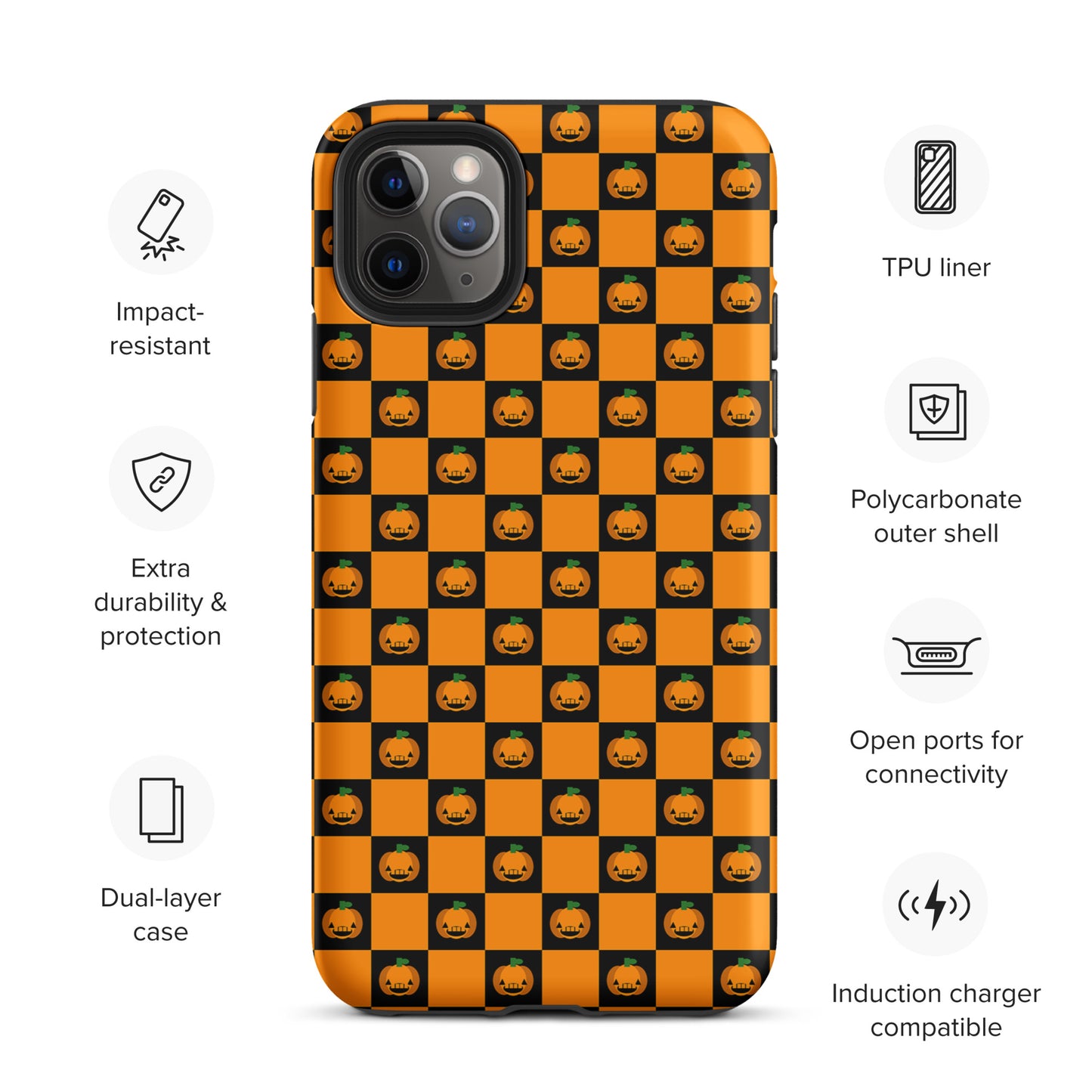 Phone Case for iPhone with playful pumpkin checkered Halloween design, featuring black squares and cheerful jack-o'-lanterns.