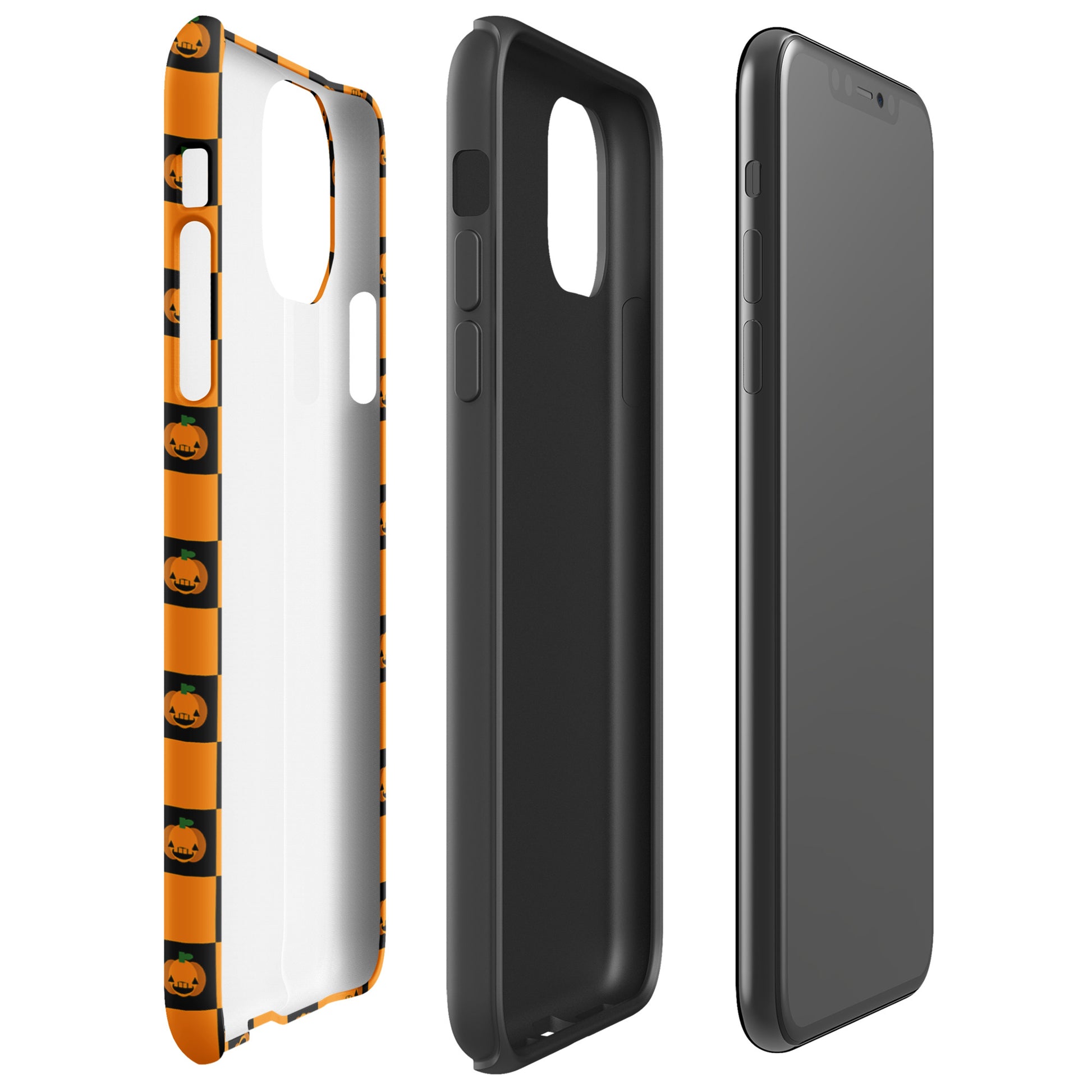 Phone Case for iPhone featuring a playful pumpkin checkered Halloween design with orange and black squares.