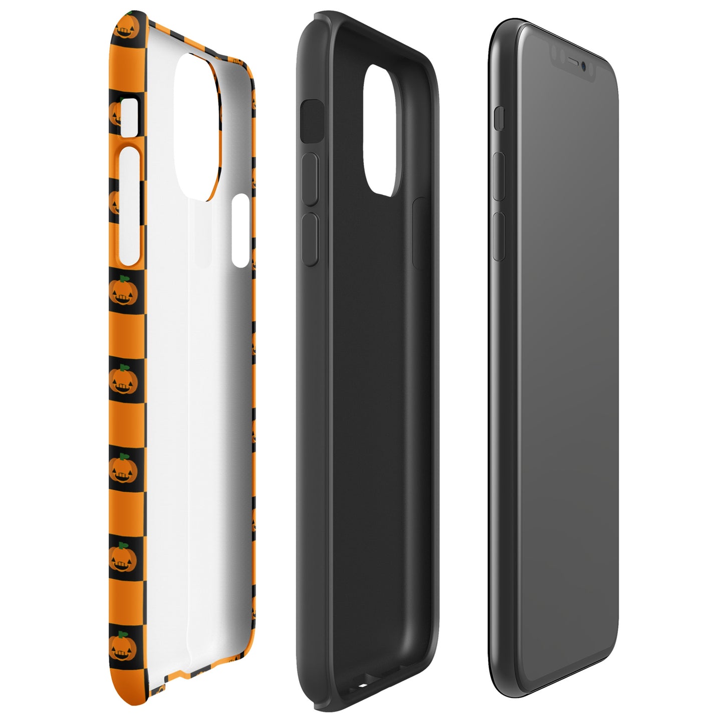 Phone Case for iPhone with playful pumpkin checkered Halloween design, featuring orange and black squares with jack-o’-lanterns.