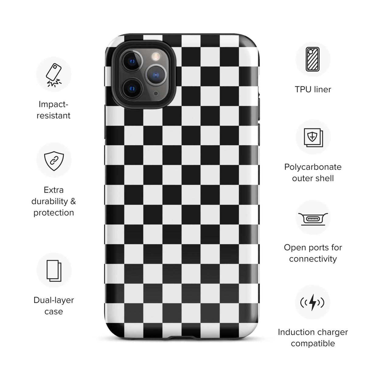 Phone Case with bold black-and-white checkered pattern, impact-resistant, extra durability, for iPhone with TPU liner and open ports