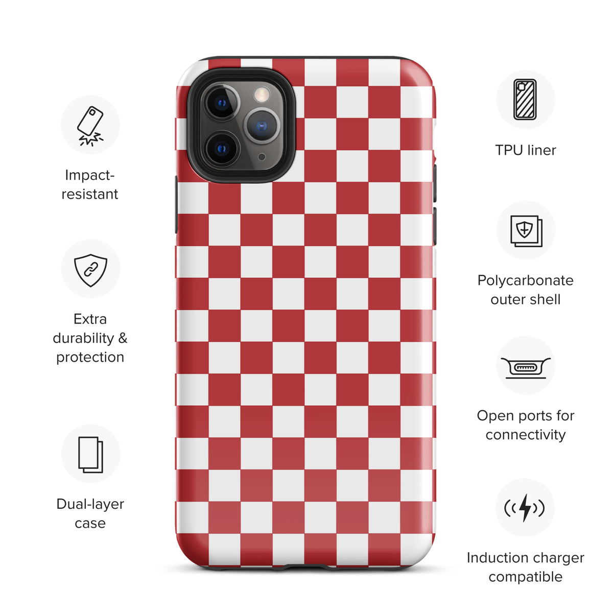 Phone Case for iPhone with crimson red checkered design, featuring impact-resistant dual-layer protection.