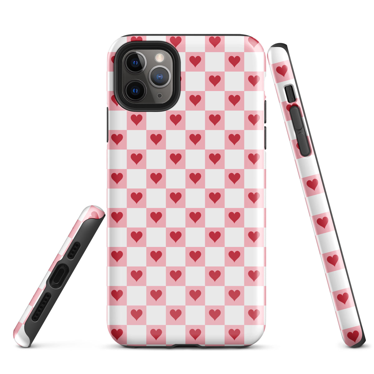 Phone Case for iPhone with pink-and-white checkered design and red hearts, perfect for a charming and cheerful look.