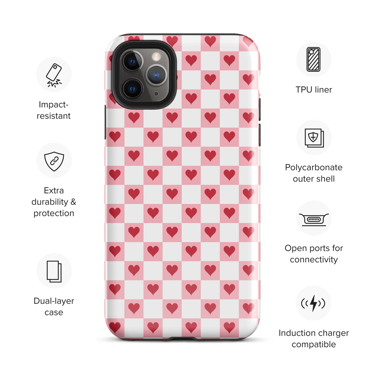 Phone Case for iPhone with pink-white red hearts checkered design, impact-resistant, polycarbonate shell, and induction charger compatible.