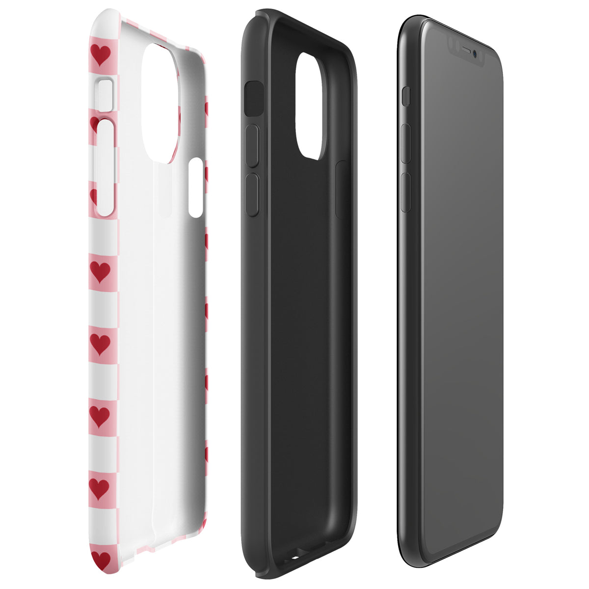 Phone Case for iPhone - Pink-and-White design with Red Hearts in a checkered pattern