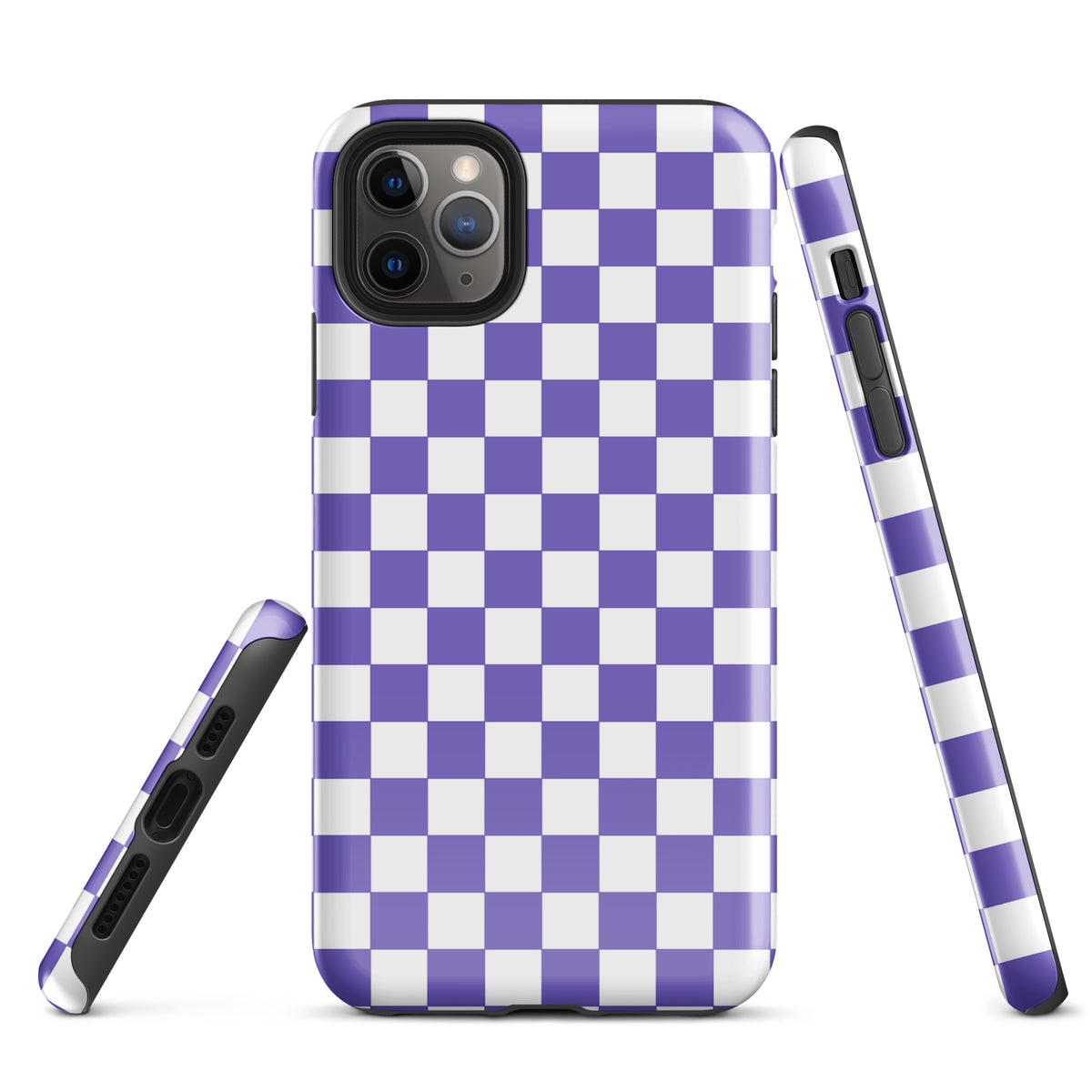 Phone Case for iPhone with purple and white checkered pattern, showcasing stylish and playful design.