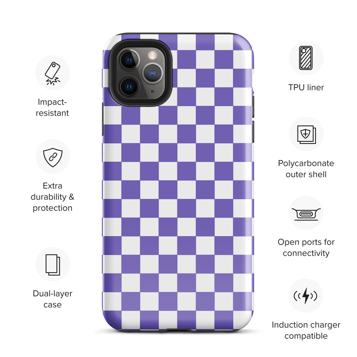 Phone Case for iPhone with purple and white checkered pattern, impact-resistant, dual-layer, TPU liner, and charge compatible.