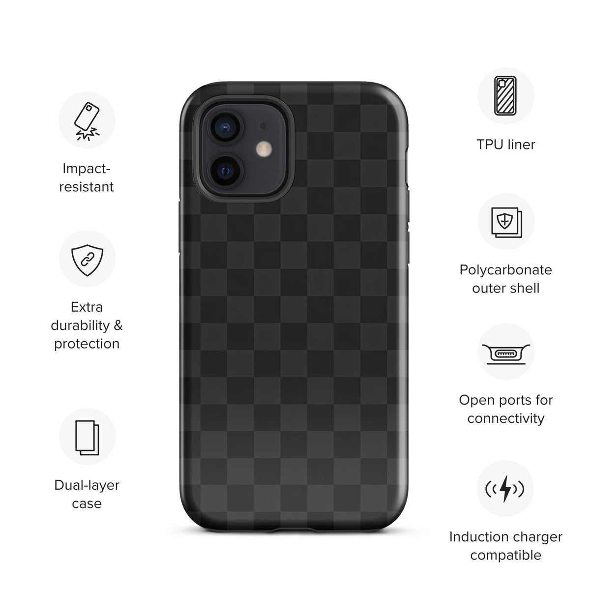 Phone Case for iPhone in black and charcoal checkered design with impact-resistant dual-layer, polycarbonate shell, and open ports.