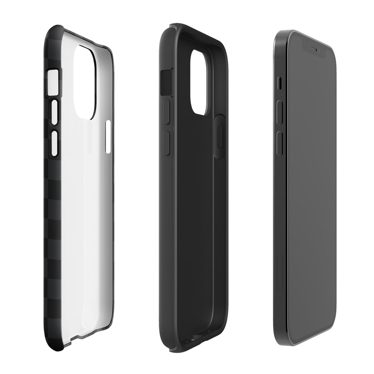 Phone Case for iPhone with black and charcoal checkered design displayed in three angles, highlighting its sleek and modern style.