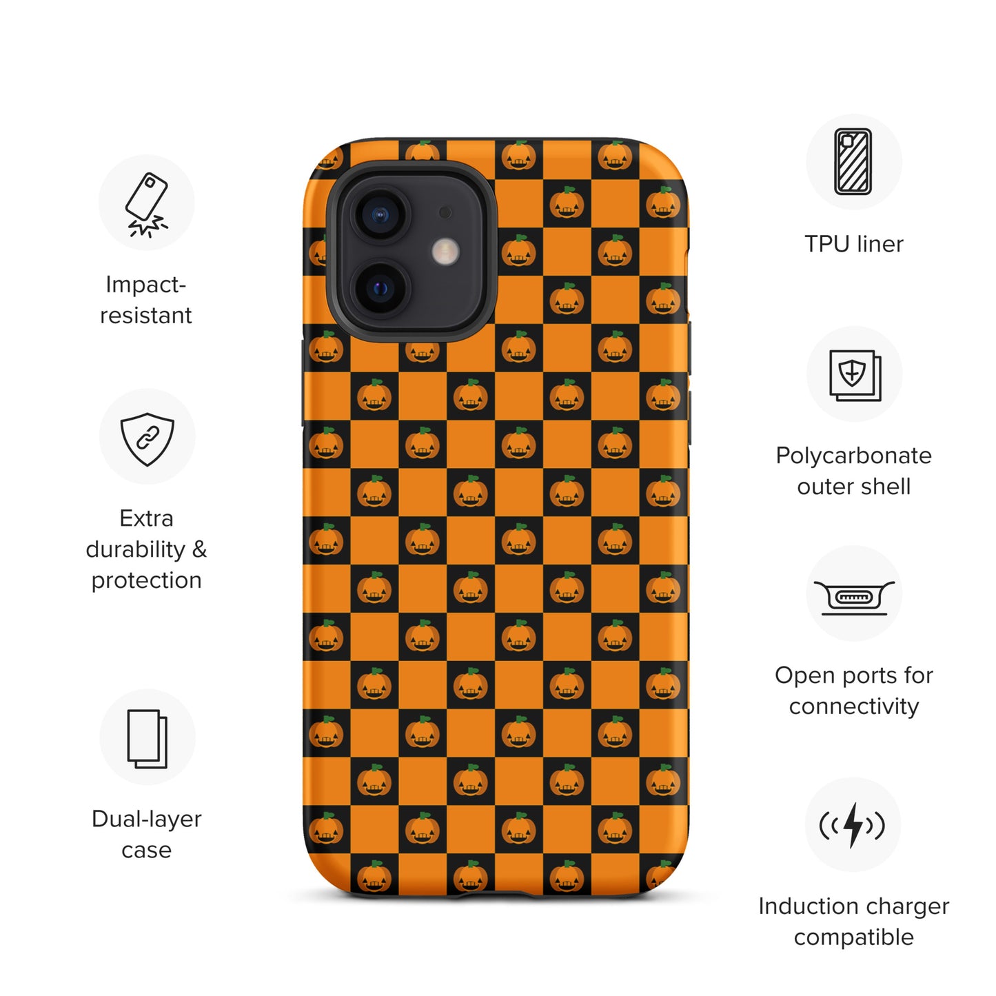 Phone Case with playful pumpkin checkered Halloween design, featuring orange and black squares with jack-o'-lanterns, for iPhone.