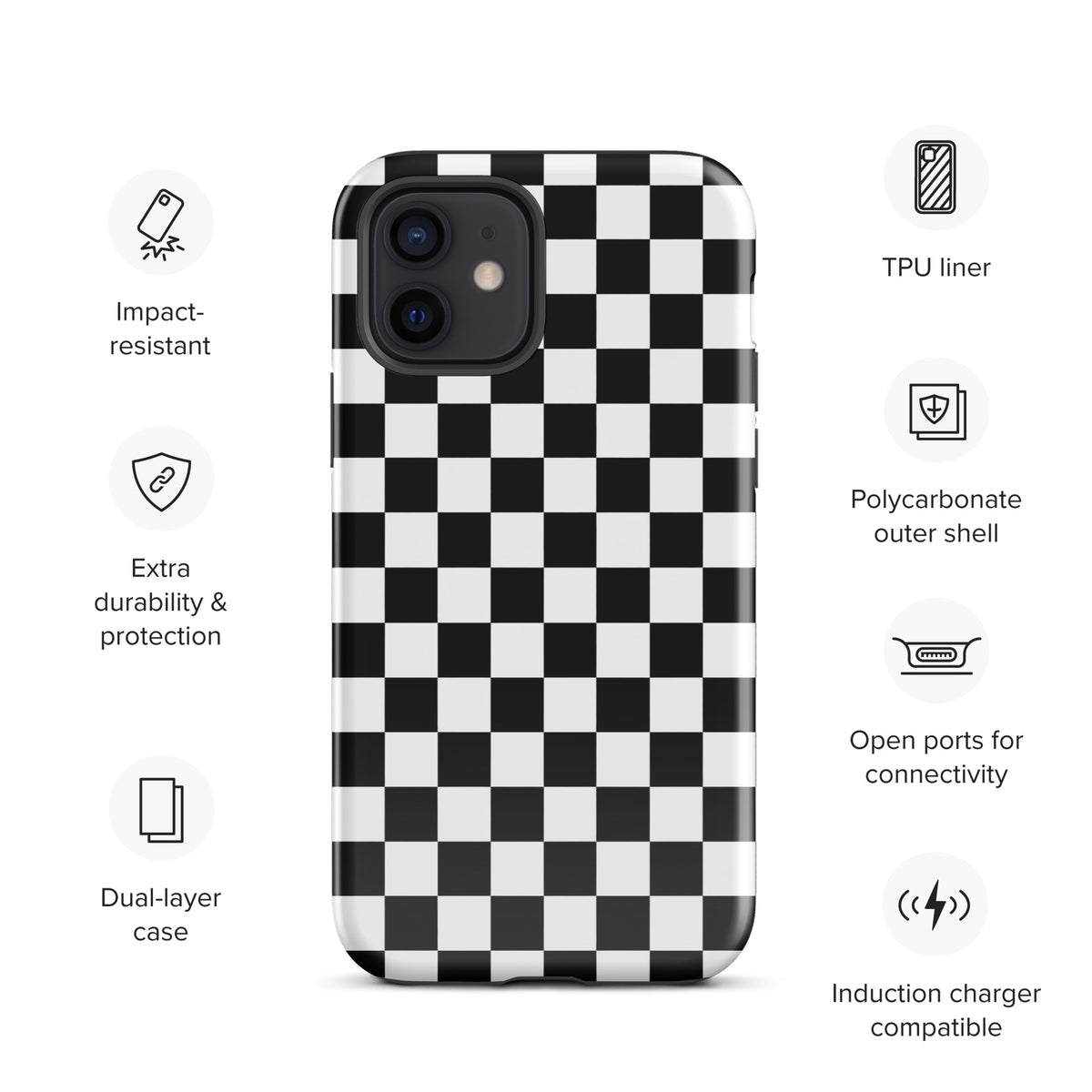 Phone Case for iPhone with bold black-and-white checkered pattern showcasing durability features and dual-layer protection