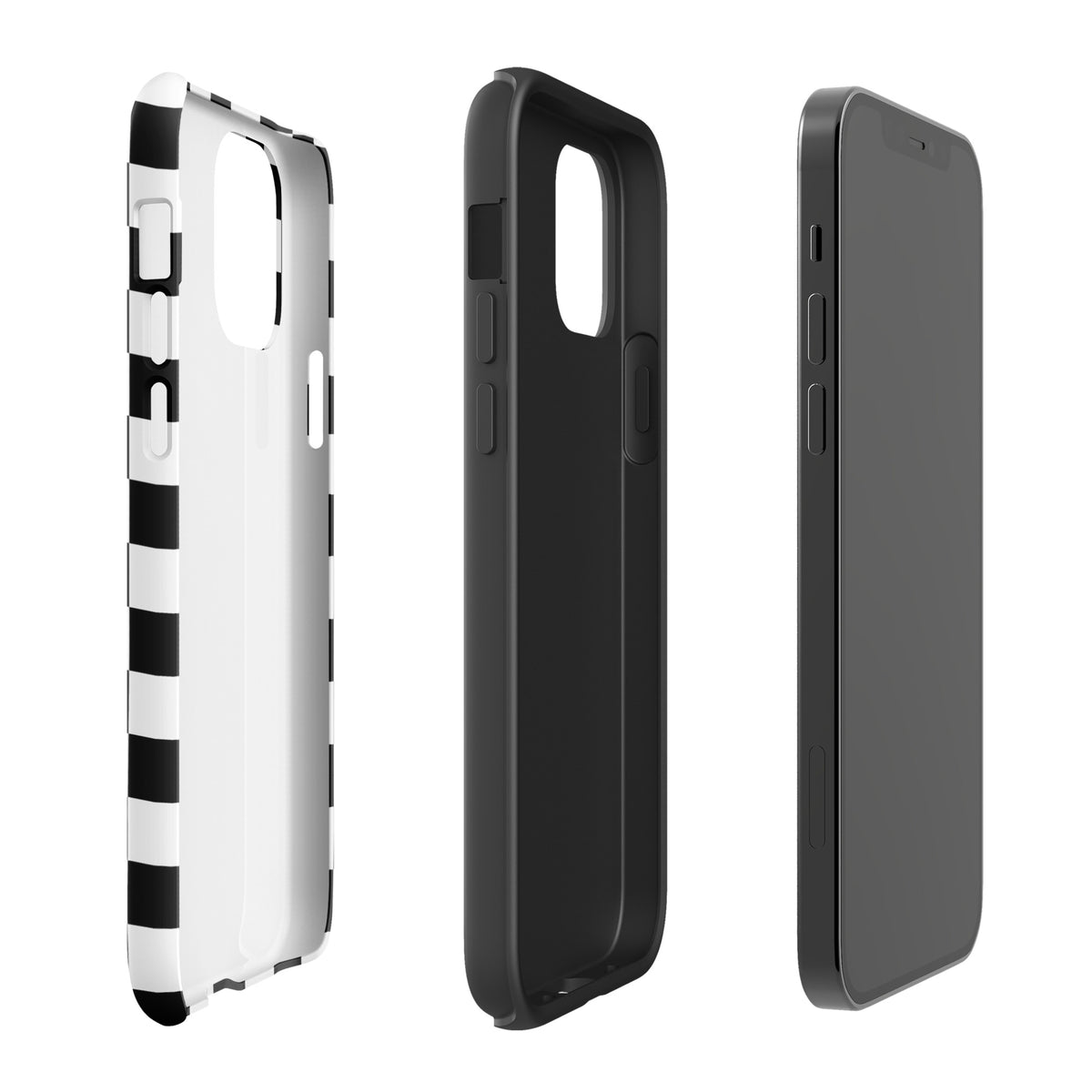 Phone Case for iPhone with bold checkered pattern in white and black, view of three parts including the front, back, and side.