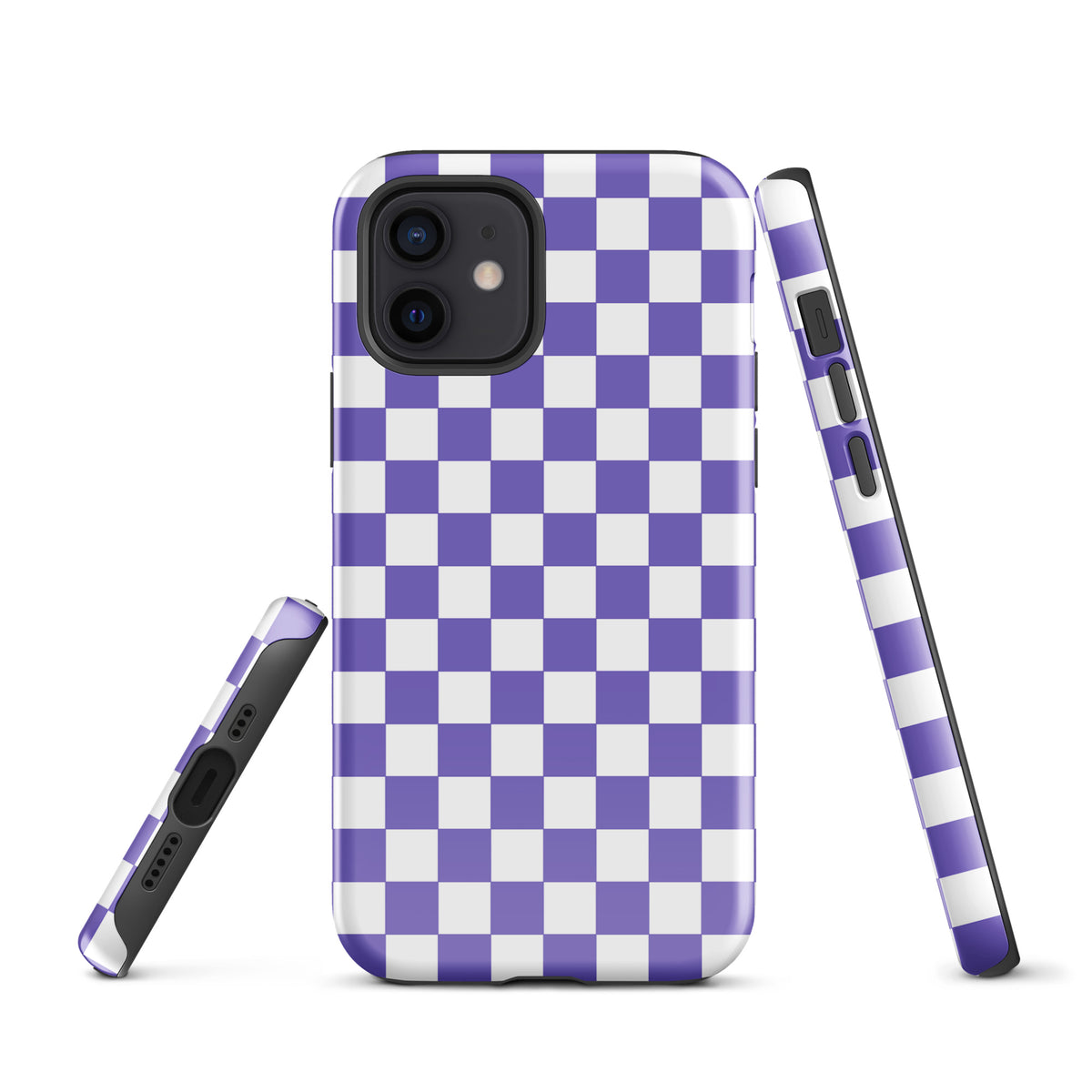 Phone Case for iPhone with purple and white checkered pattern adding fun and fearless style to your device.