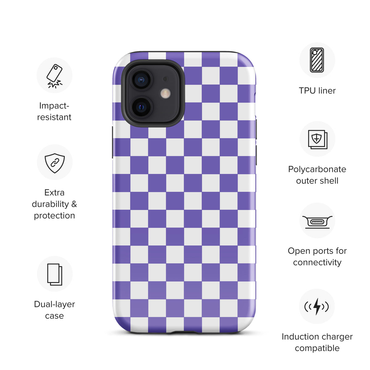 Phone Case for iPhone with purple and white checkered design, featuring dual-layer protection and open ports for connectivity.