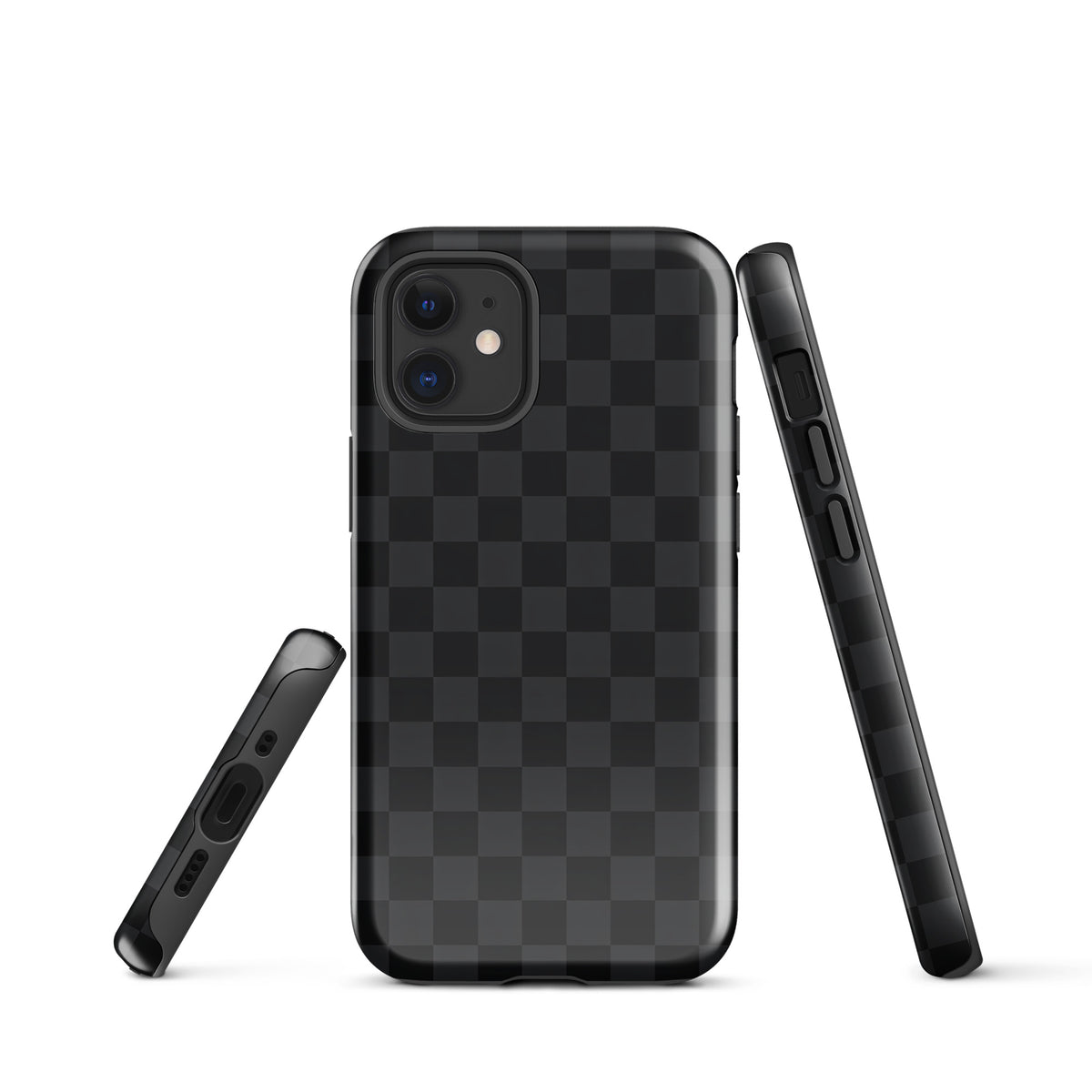 Phone Case for iPhone with black and charcoal checkered design, modern minimalist style, high-contrast pattern for sophisticated protection.