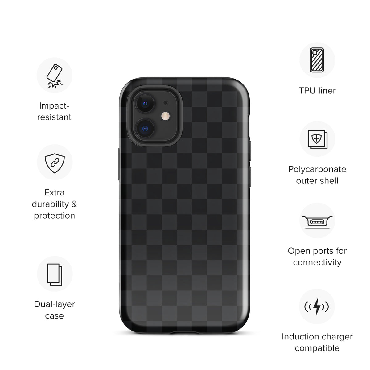 Phone Case for iPhone with black and charcoal checkered design, featuring impact resistance and dual-layer protection
