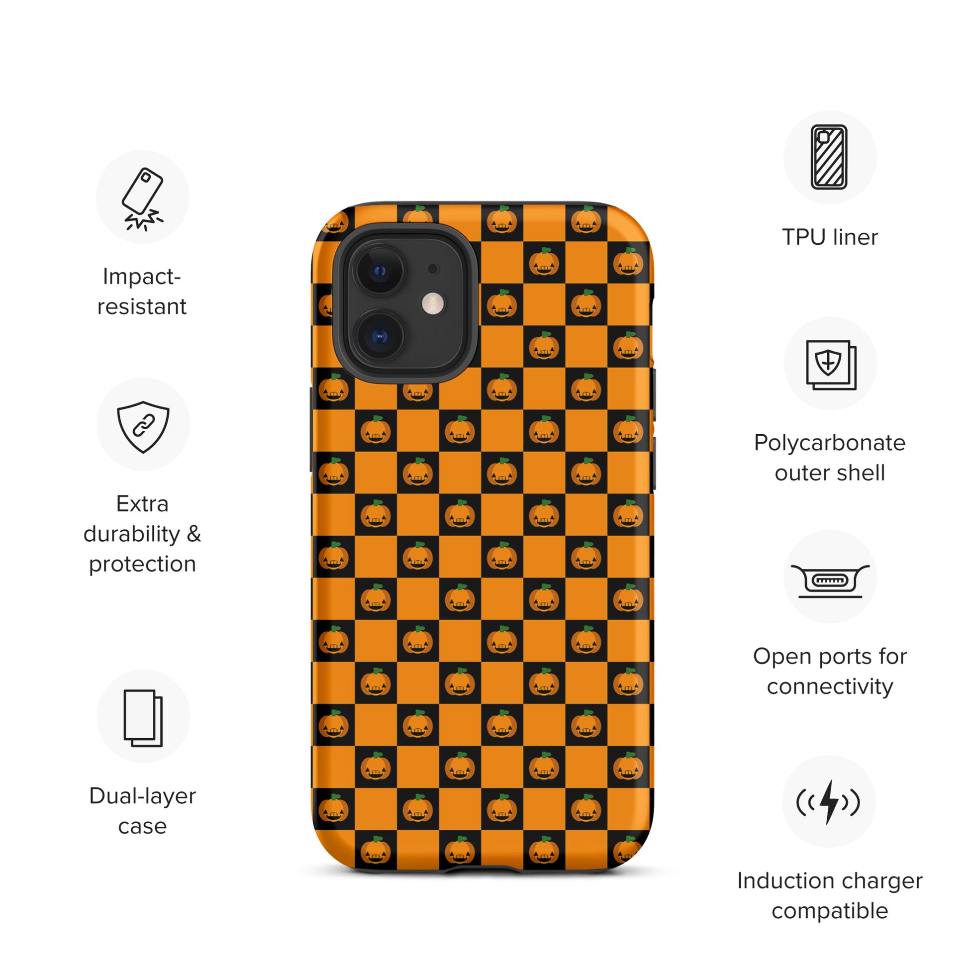 Phone Case for iPhone with checkered Halloween pumpkin design, dual-layer protection, impact resistance, and induction charger compatibility.