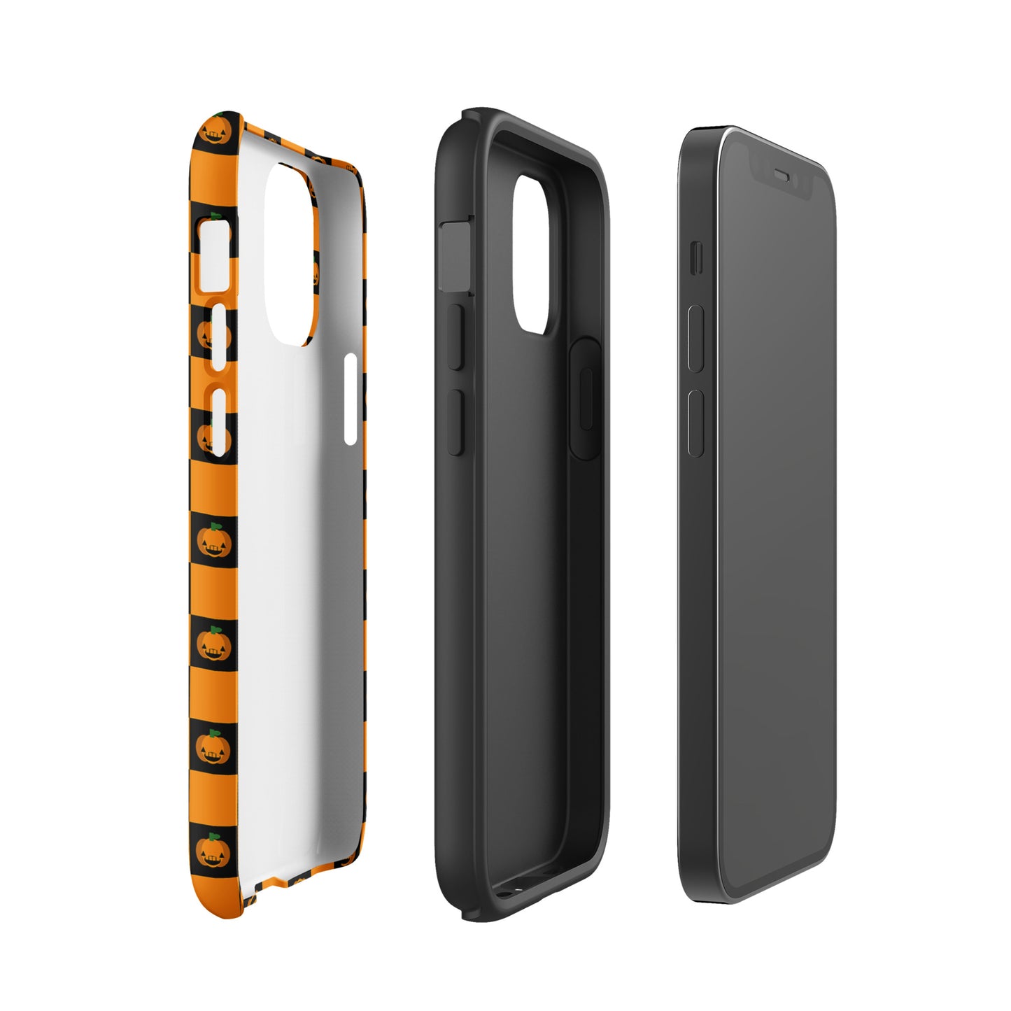Phone Case for iPhone with playful pumpkin checkered Halloween design featuring orange and black squares with jack-o'-lantern faces.