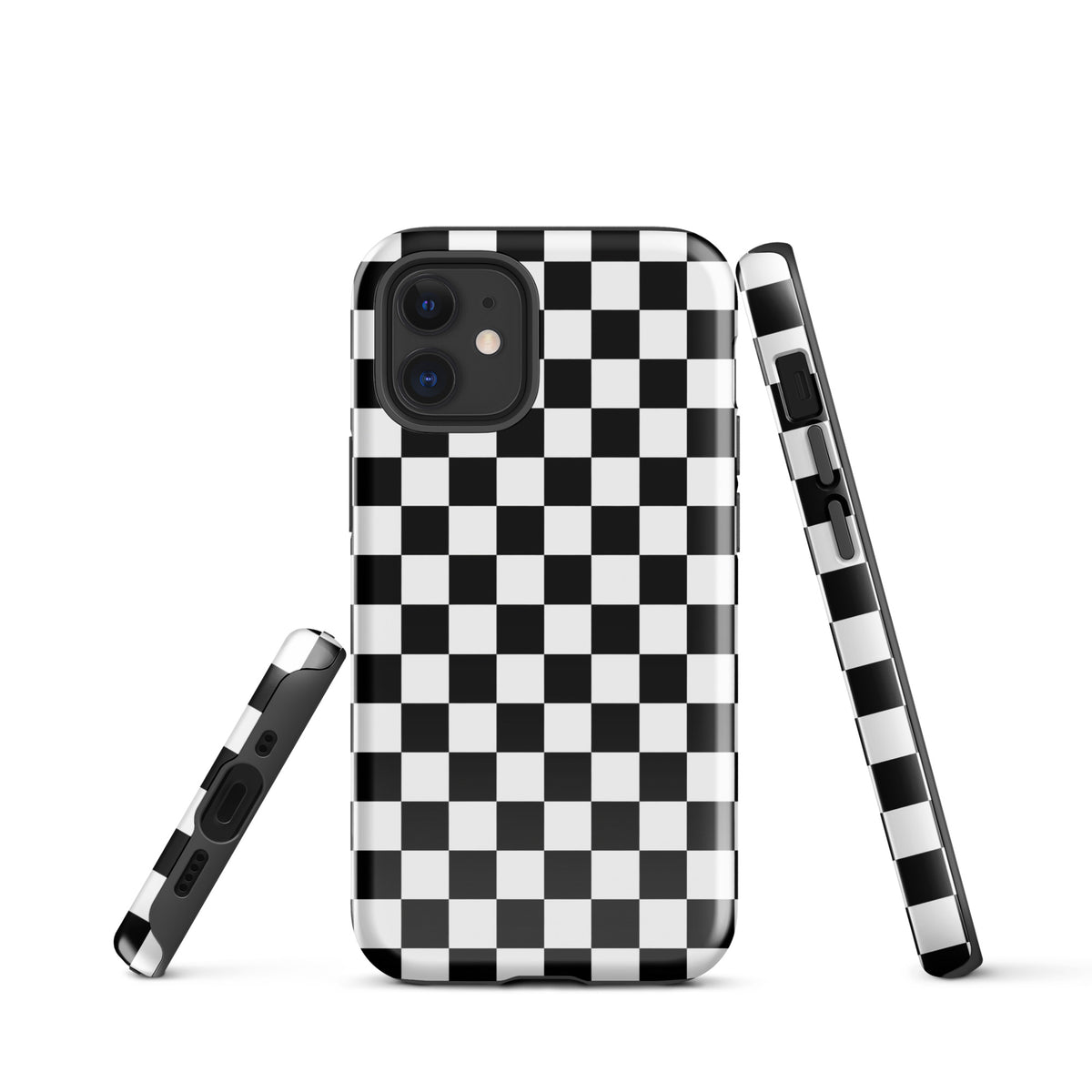 Phone Case for iPhone with bold checkered pattern in black and white, displaying style and personality.