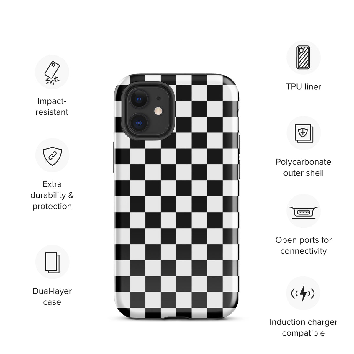Phone Case for iPhone with black-and-white checkered pattern, impact-resistant, dual-layer, and charger compatible.